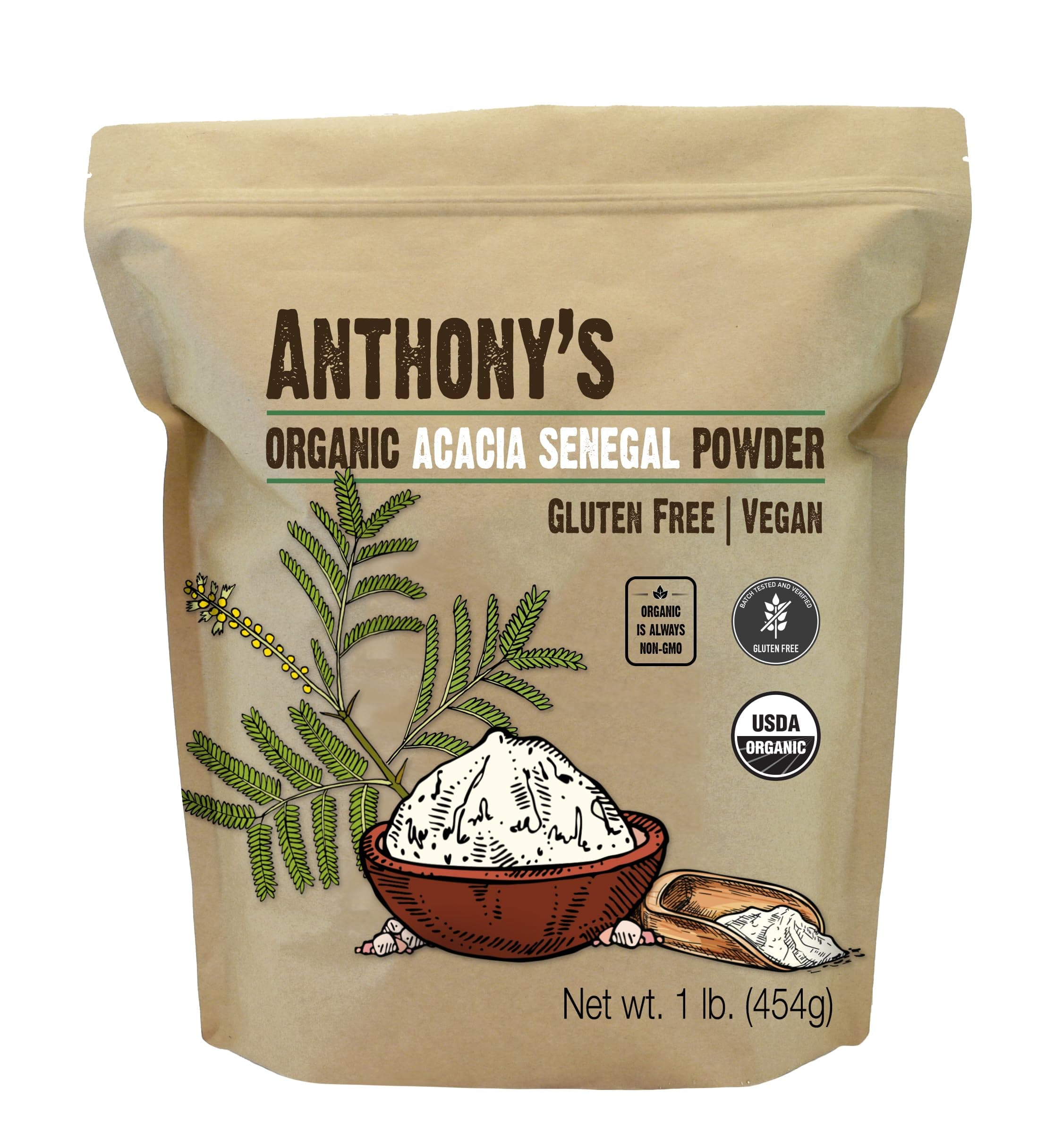 Anthony's Organic Acacia Senegal Powder, 1 lb, Batch Tested Gluten Free, Non GMO, Soluble Fiber, Prebiotic