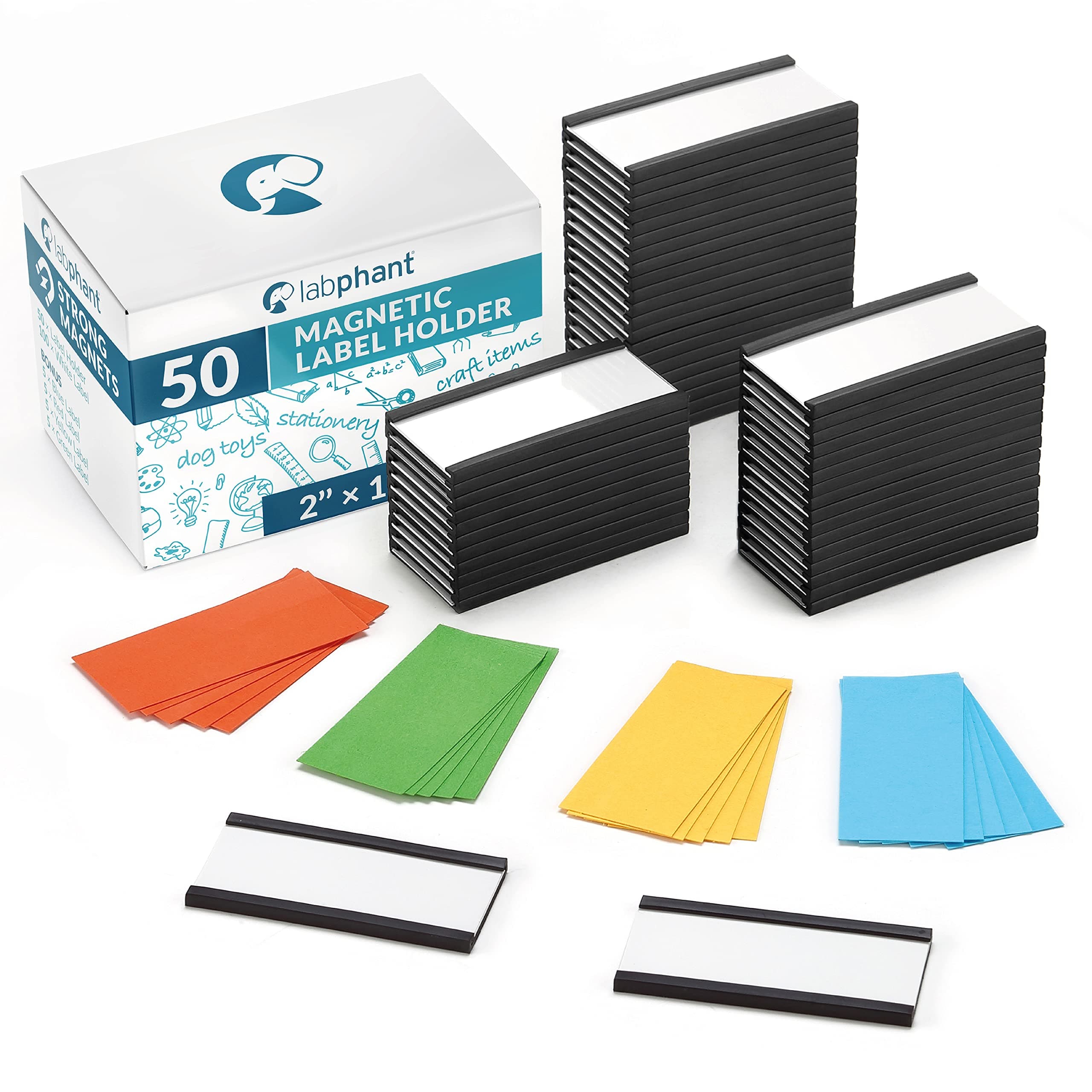 50 Pack"C" Channel Magnetic Label Holders 1x2 with 100 White Card Inserts, 50 Clear Plastic Protectors and Bonus 20 Colorful Cardstock Inserts in Blue, Green, Yellow and Red - Double-Sided Cards