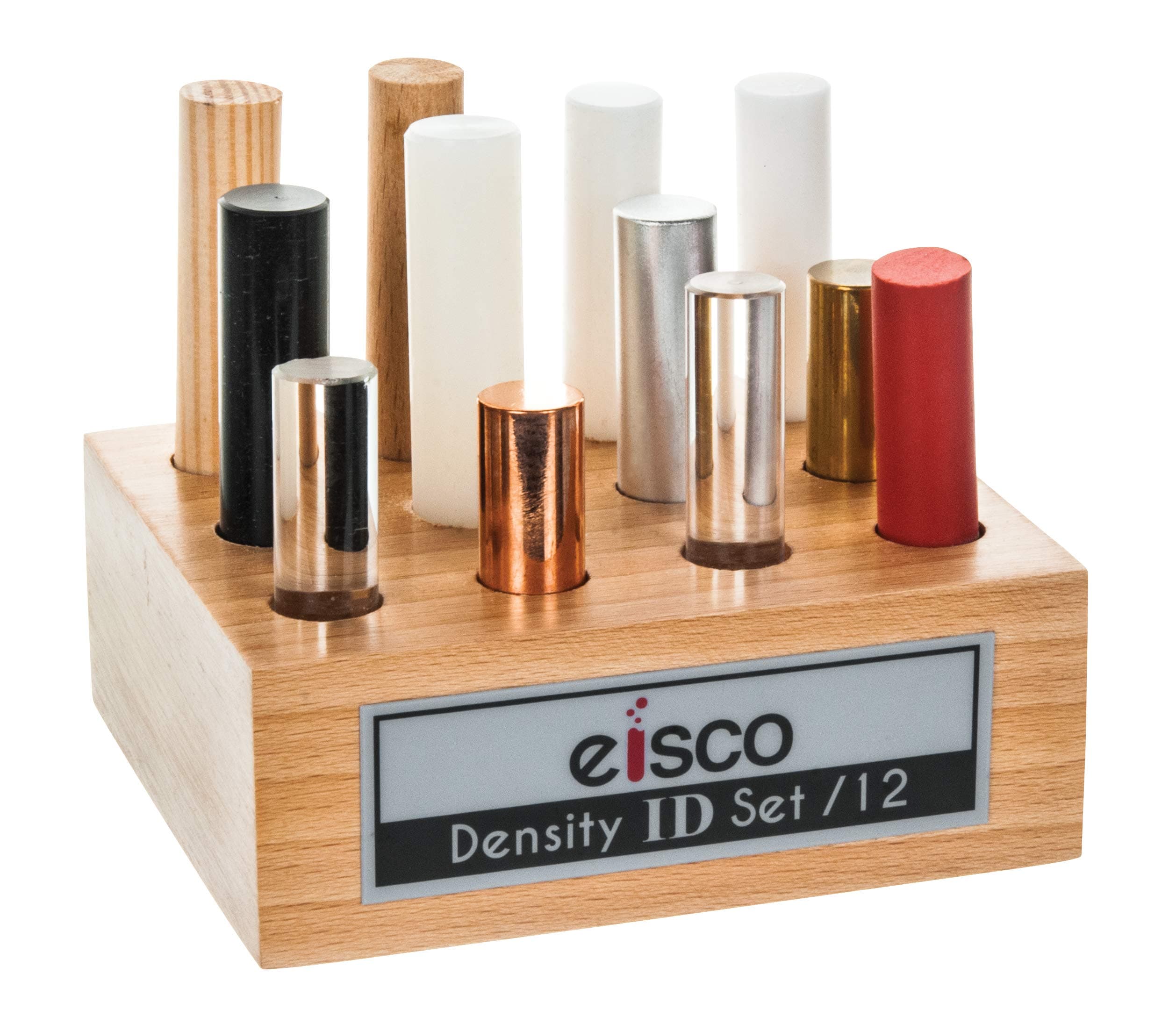 Mixed Materials for Density Exploration, Set of 12 Cylinders with Wooden Holder, Varied Lengths - Oak wood, Pine wood, PVC, Derlin, Nylon, Teflon, Rubber, Aluminum, Glass, Lucite, Brass, and Copper