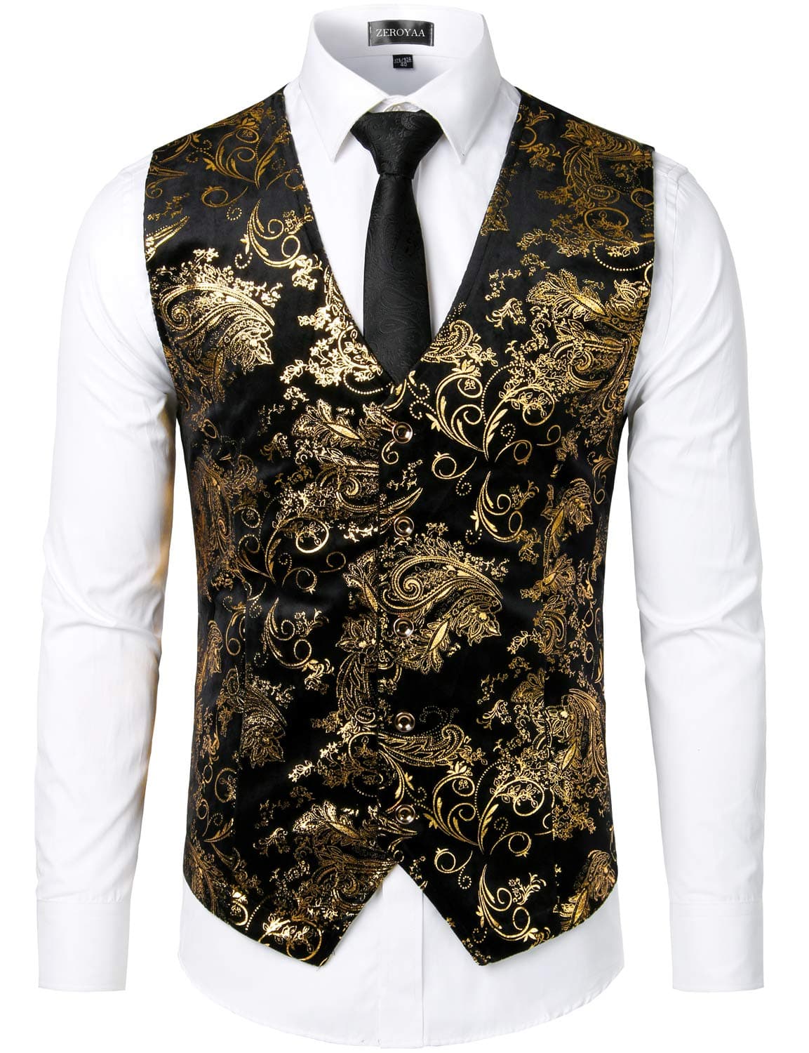 ZEROYAA メンズ ヒップスター メタリック ペイズリープリント シングルブレスト Vネック スーツベスト/タキシード ウエストコート