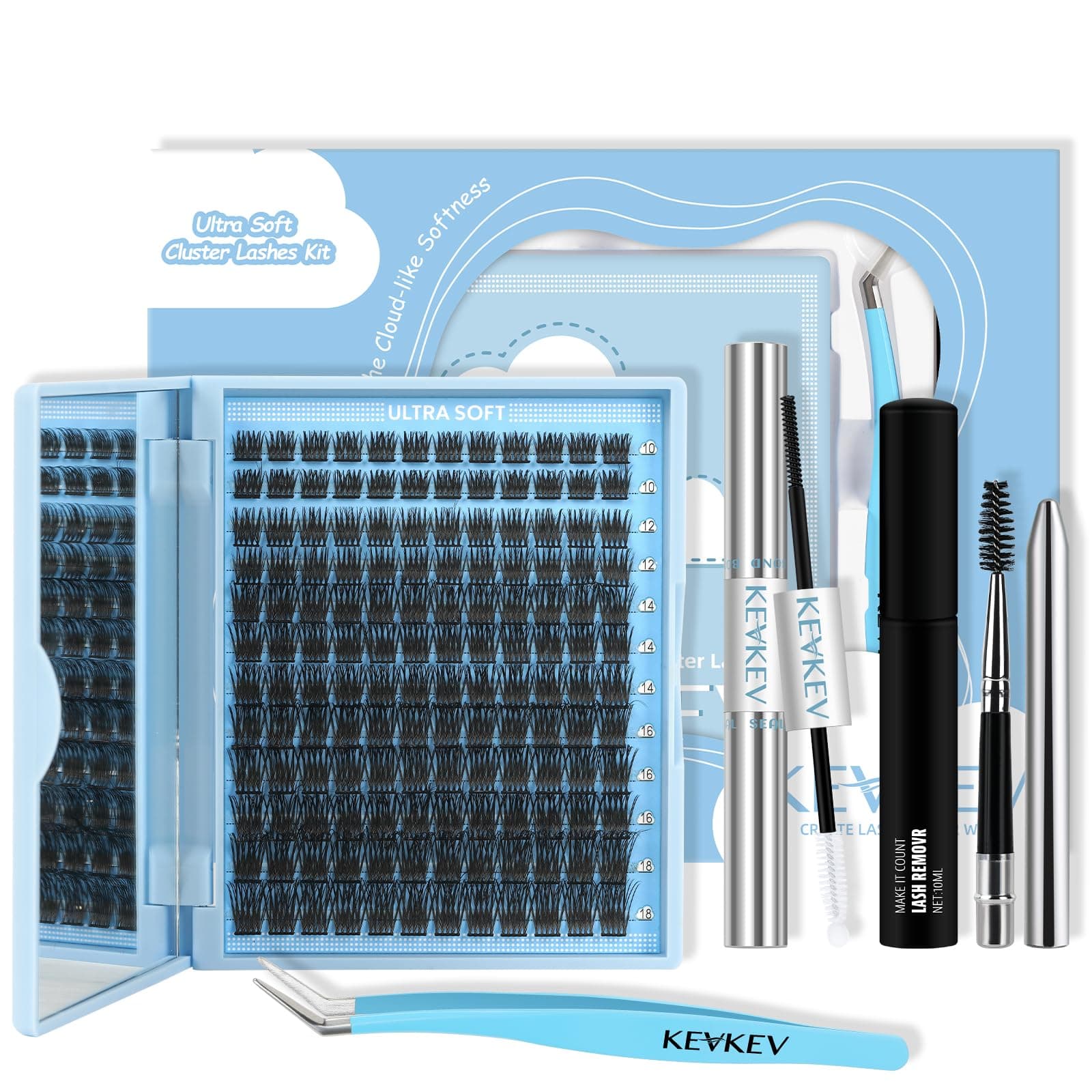KevKev DIY Lash Extension Kit Lash Clusters 144Pcs 10-18mix Length Ultra Soft Lash Clusters Kit Lash Bond and Seal Lash Glue Lash Remover for DIY Eyelash Extensions(Taffee,D-10-18mix)