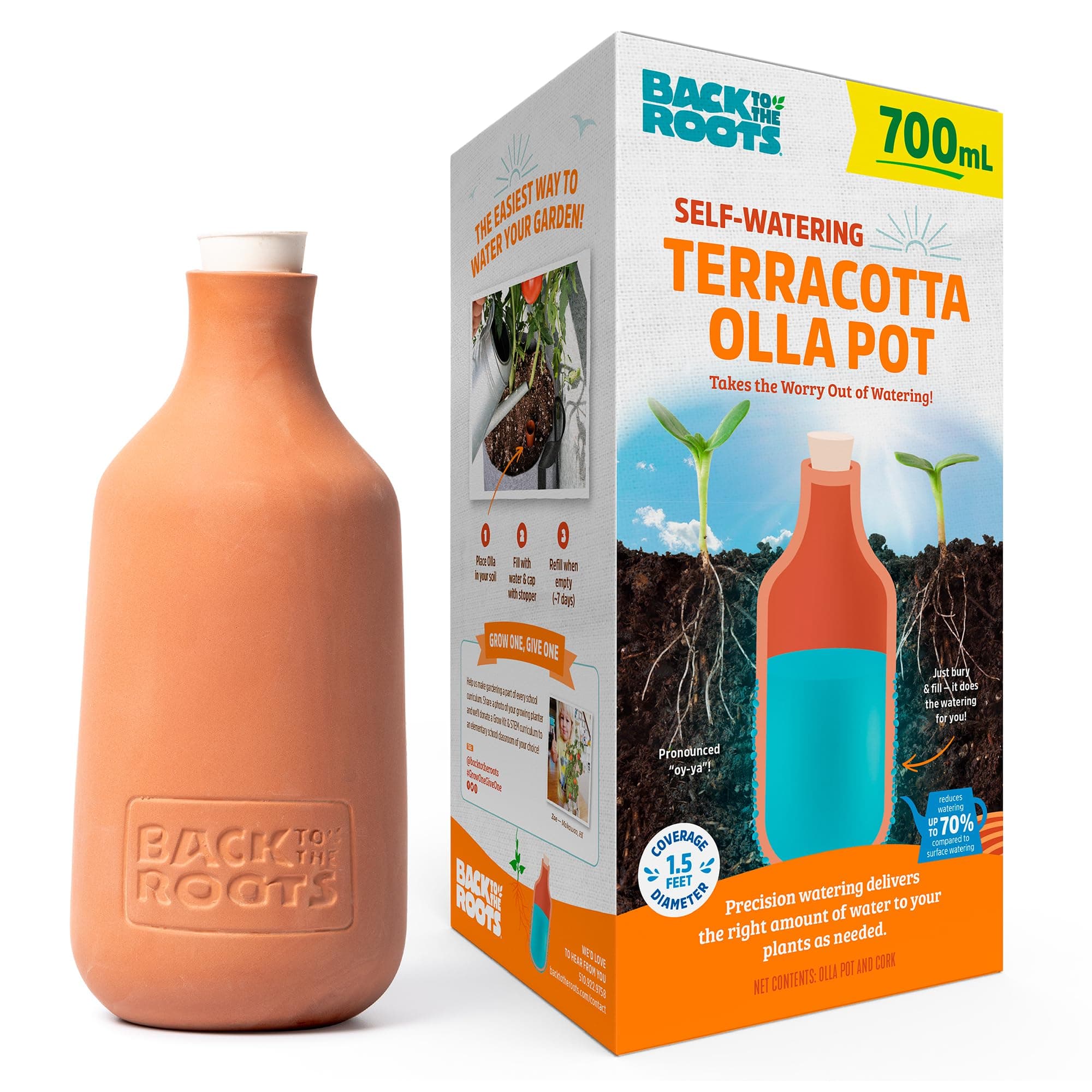 Back to the Roots Self-Watering Terracotta Olla Pot, 700mL Provides 1 Week of...
