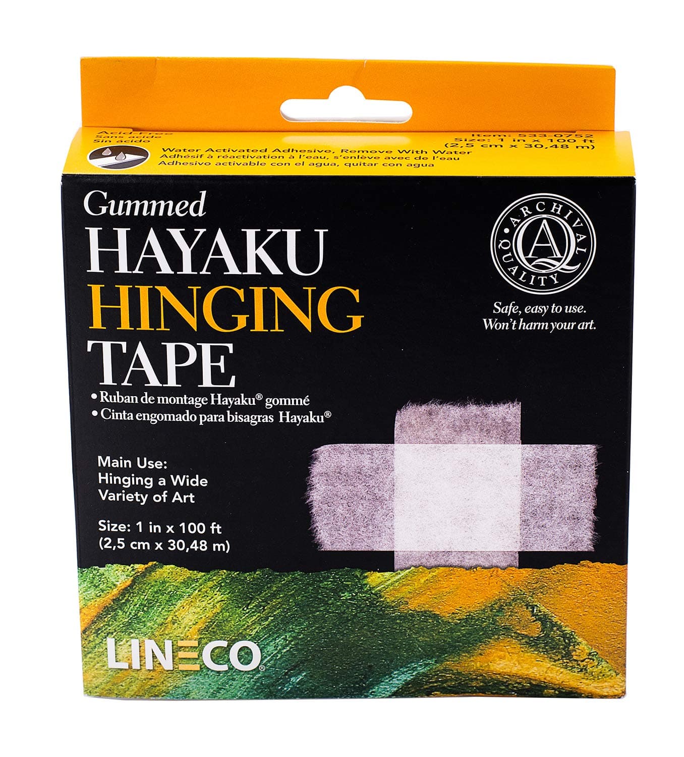 Lineco, Gummed Hinging Hayaku Tape 1" X 100 Feet. Archival with Acid-Free Water Activated Adhesive. Strong for Paper, Art, Repair of Art.
