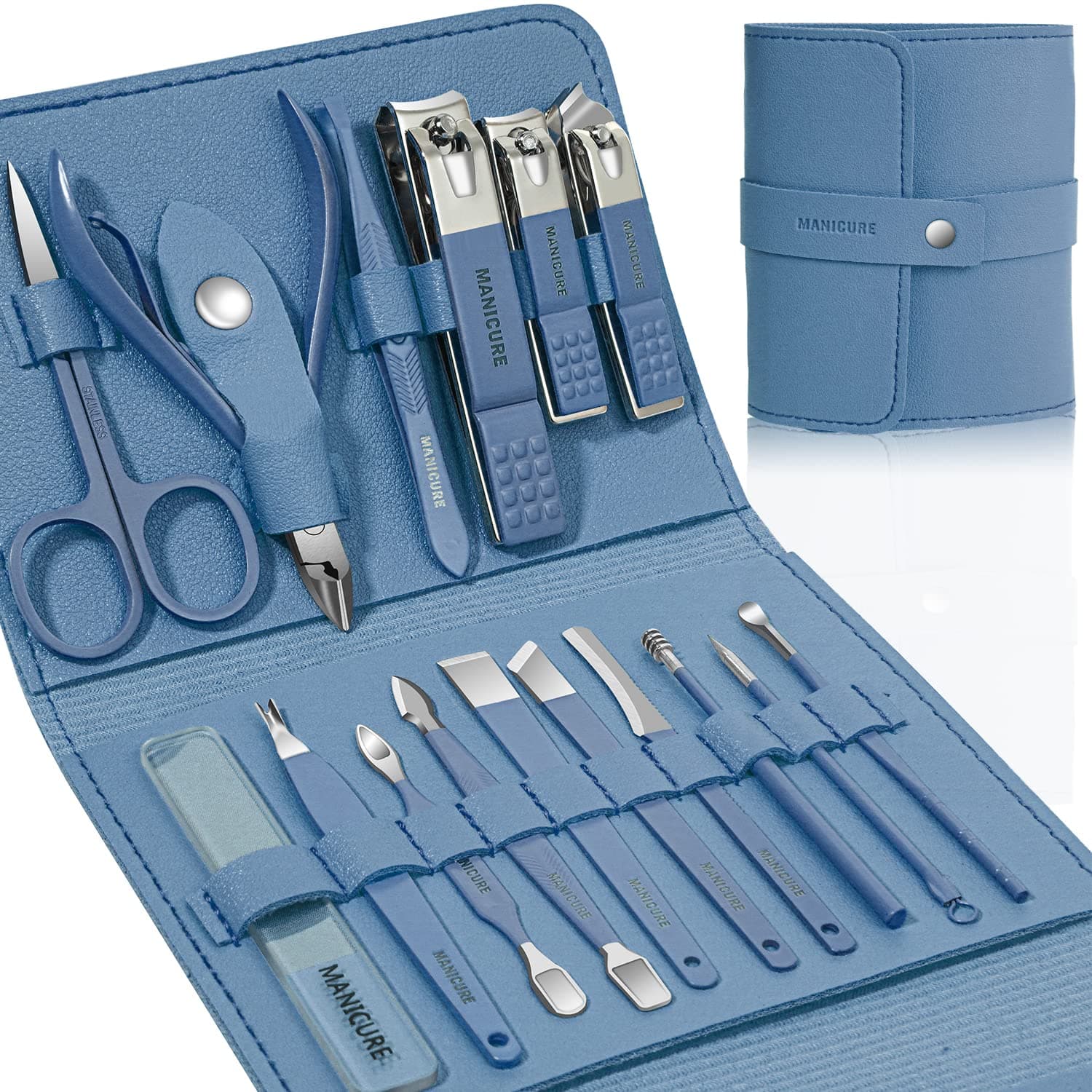 Leipple Manicure Set Professional Nail Clippers Pedicure Kit, 16 pcs Stainless Steel Nail Care Tools Grooming Kit with Luxurious Travel Leather Case for Thick Nails Men Women Gift (Blue), One Size
