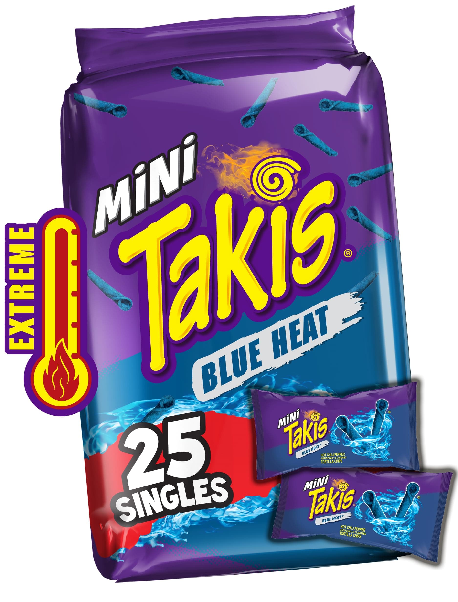 Takis Blue Heat Mini 25-Pack 1.23 oz Bite Size Extreme Spicy Hot Chili Pepper Rolled Corn Tortilla Chips