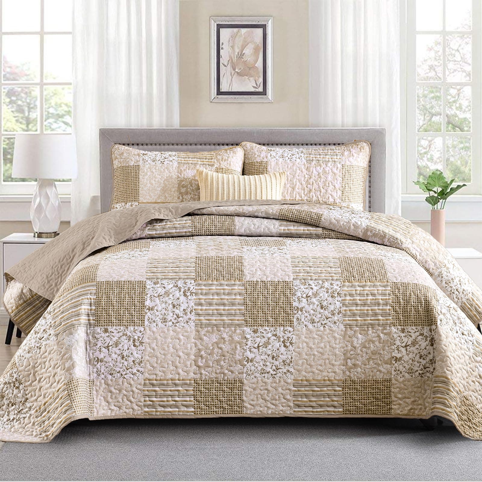 Mybedsoul Beige Boho Quilt Set Queen Size, 3 Pieces Plaid Floral Bedspread Set Patchwork Reversible Bedding Set Microfiber Bedding Bedspread Coverlet Set for All Season 90"x96"