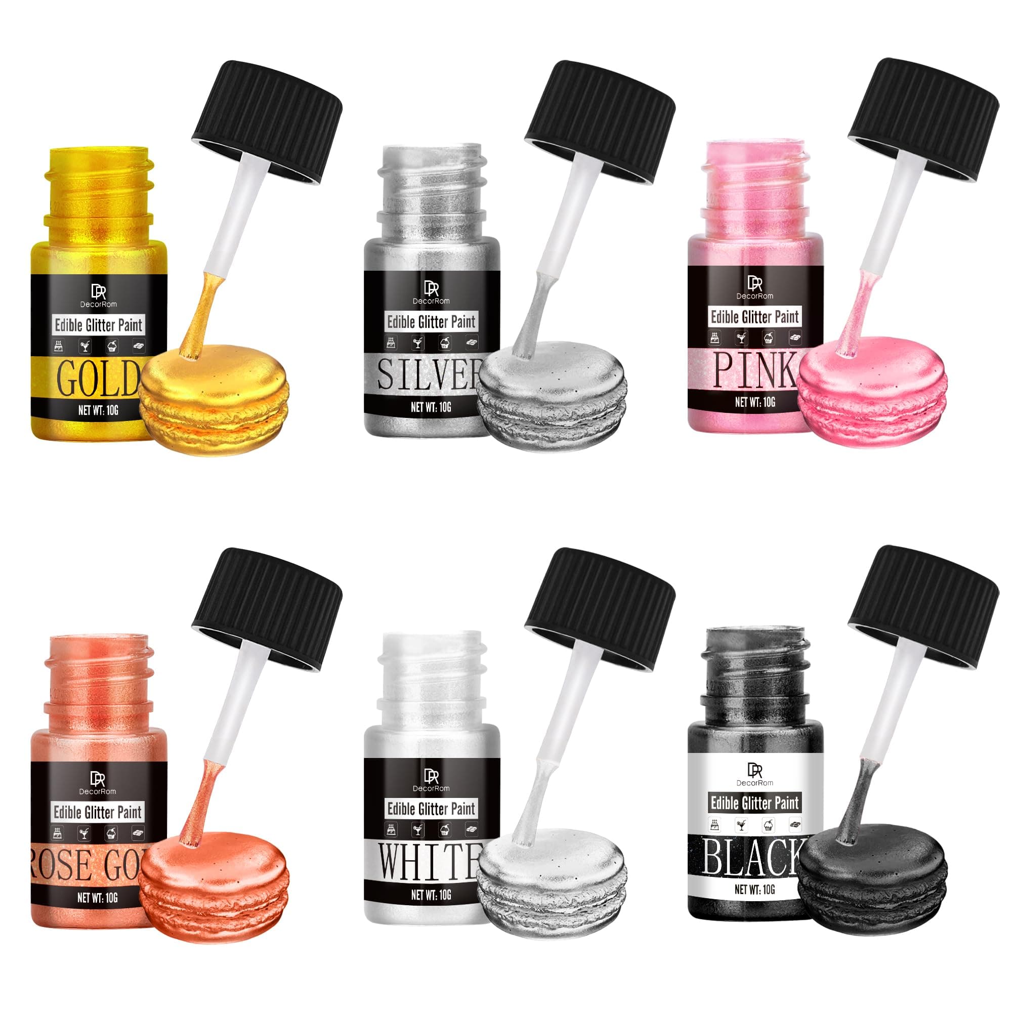 Edible Glitter Paint Set - 6 Colours Metallic Edible Cake Paint for Cake Decorating, Baking, Cupcakes, Candy - Food Grade Shimmer Art Decorative Paint Liquid Luster Dust for Cookie, Fondant, Donuts