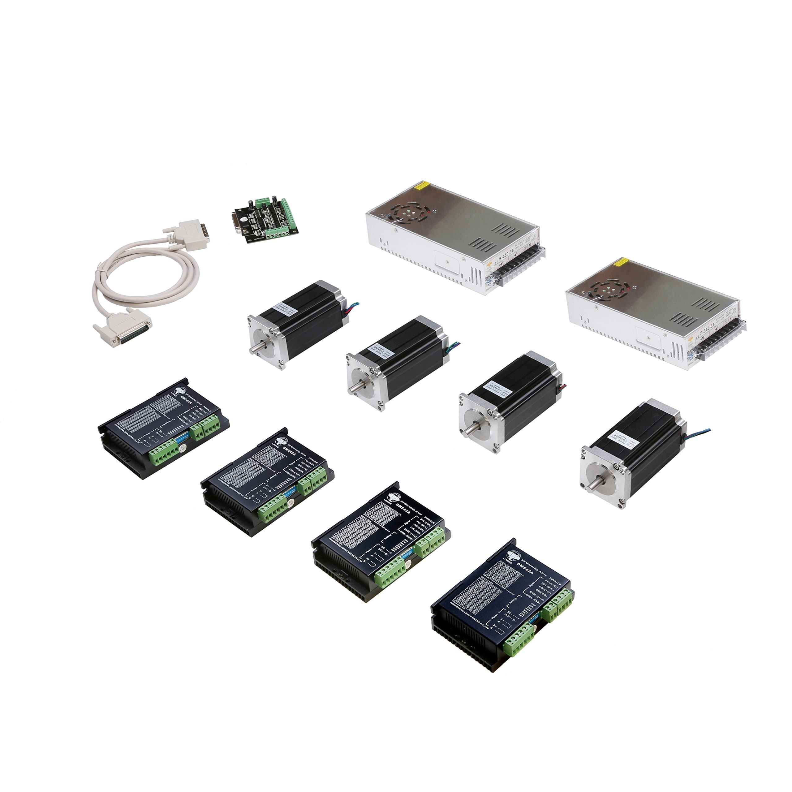 4 Axis Nema 23 Stepper Motor 23HS9430B dual sahft + Stepper Motor Diver 4.2A 18-50VDC Peak +350W Power Supply 36VDC/9.7A with 1 Breakout Board and Parallel Cable