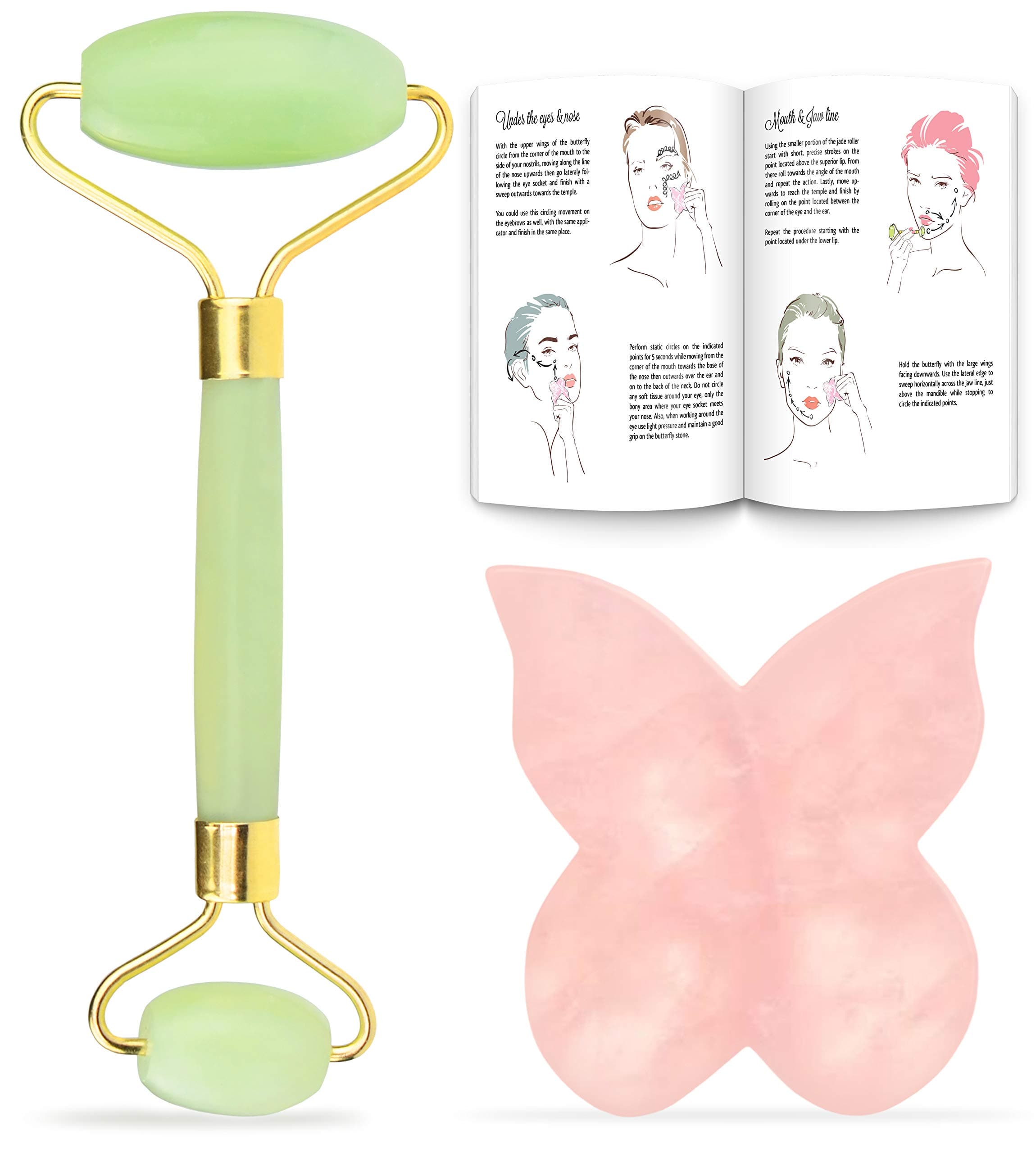 Jade Roller for Face - Rose Quartz Gua Sha Facial Massager Tool - Anti Aging Therapy 100% Natural