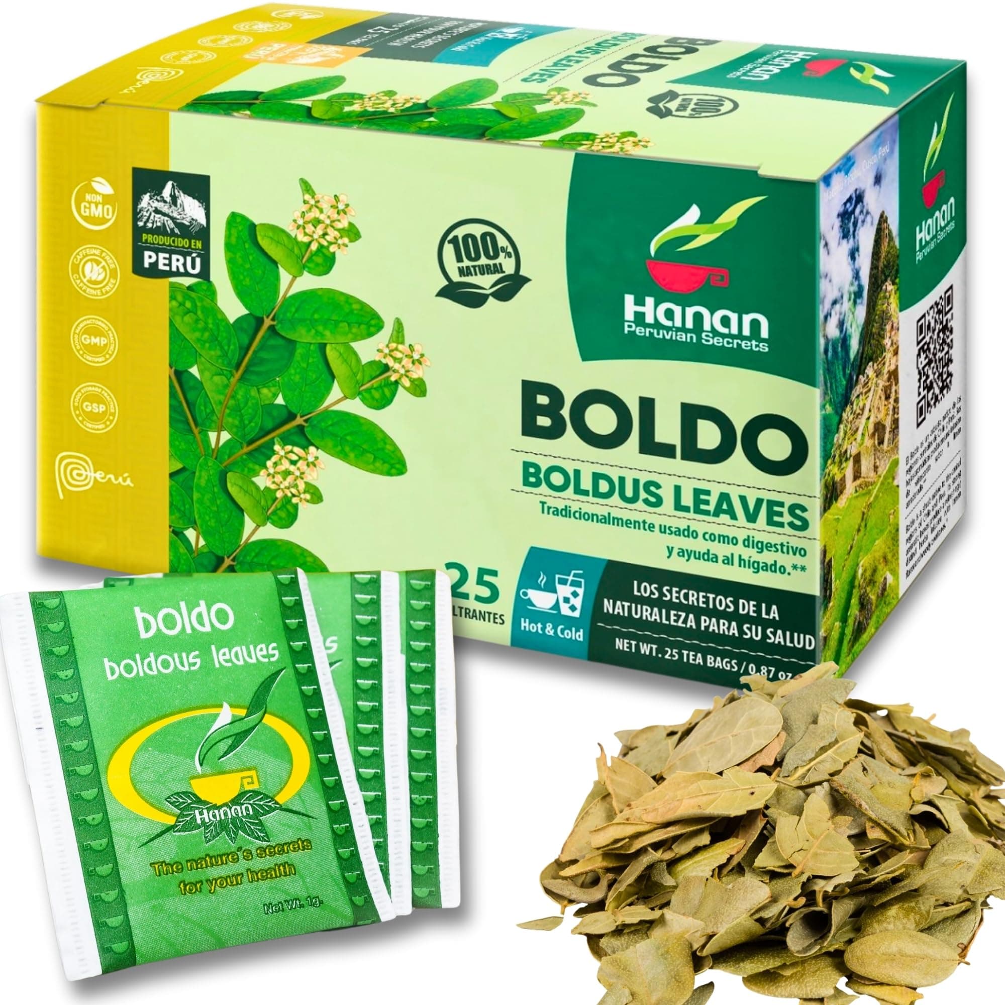 Hanan Boldus Herbal Tea 25 Teabags of Boldo Leaves and Herbs Dried Peumus Boldus Plant Leaf From Peru