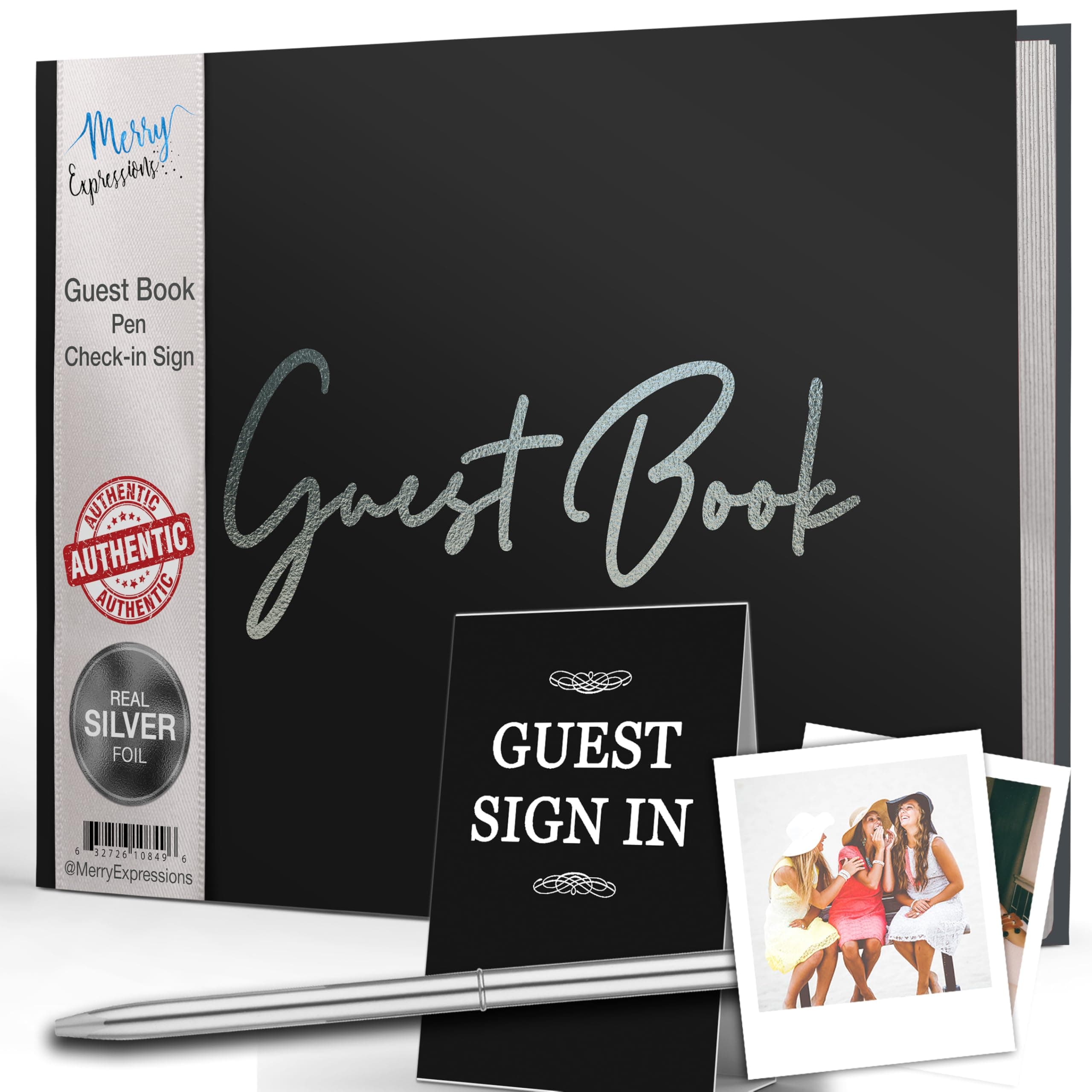 Black Guest Book & Pen – 9"x7" Hardcover 100 Page/50 Sheets - Silver Foil Gilded Edges for Guests & Visitors to Sign at Weddings, Party, Baby or Bridal Shower - Blank Left Page for Polaroids