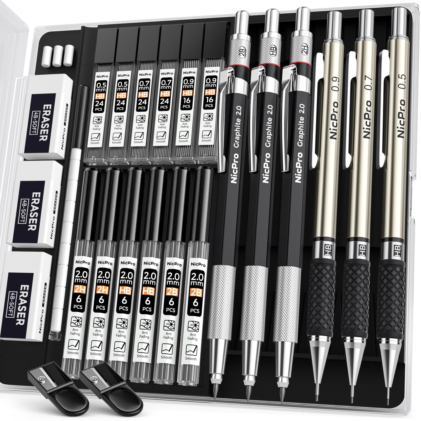 Nicpro Pencil Set Metal & Pencil with Pencil Case, Mechanical Pencils 0.5 & 0.7 & 0.9 & 2mm Graphite Lead Holder (2B HB 2H) | 12 Lead Lead Refills