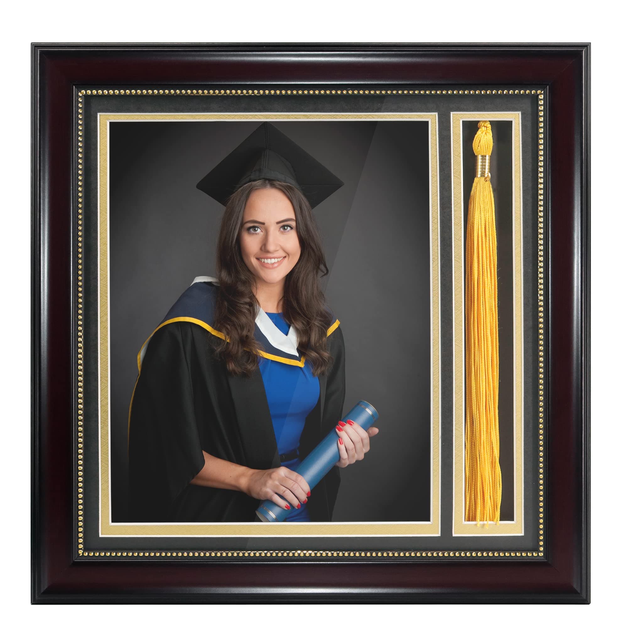 GraduationMall Graduation Photo Shadow Box Frame with Tassel Holder for 8x10 Pictures,Real Glass,Black Over Gold Double Mat,Wall & Tabletop Design