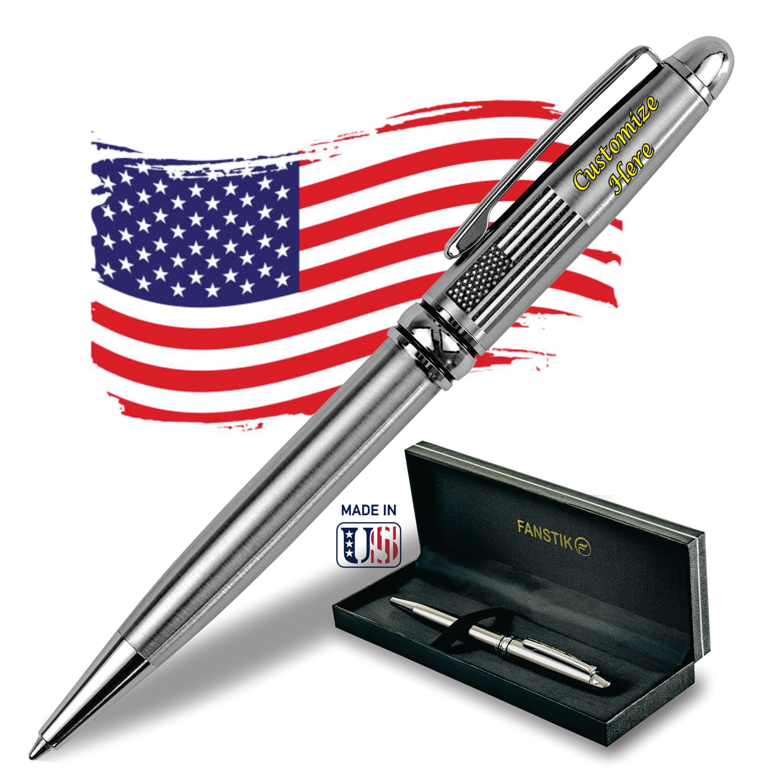 Customized BallPoint pen with name and US Flag (MADE IN USA), stainless steel, silver, luxury engraved pen personalized for men and for women. (BallPoint US-Flag)