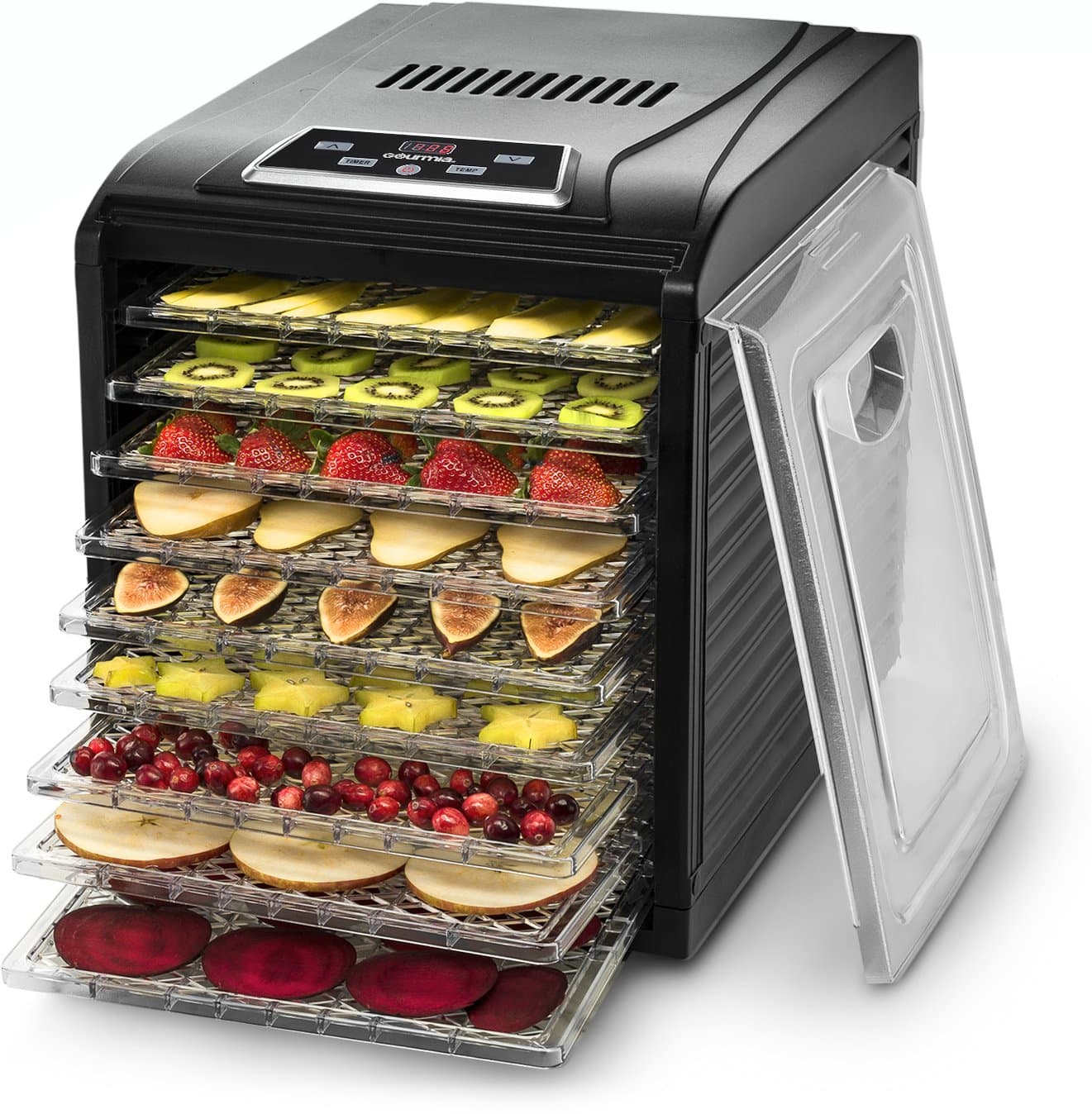 Gourmia GFD1950 Digital Food Dehydrator - 9 Drying Trays Plus Fruit Leather Tray - Digital Temperature Control - Transparent Window - Free recipe Book Included