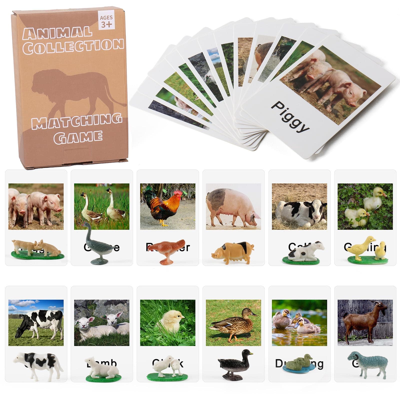 MEROCO Montessori Animal Match - Miniature Farm Animal Toy Figurines with Matching Cards Montessori Language Materials Preschool Learning Toy NEWT033