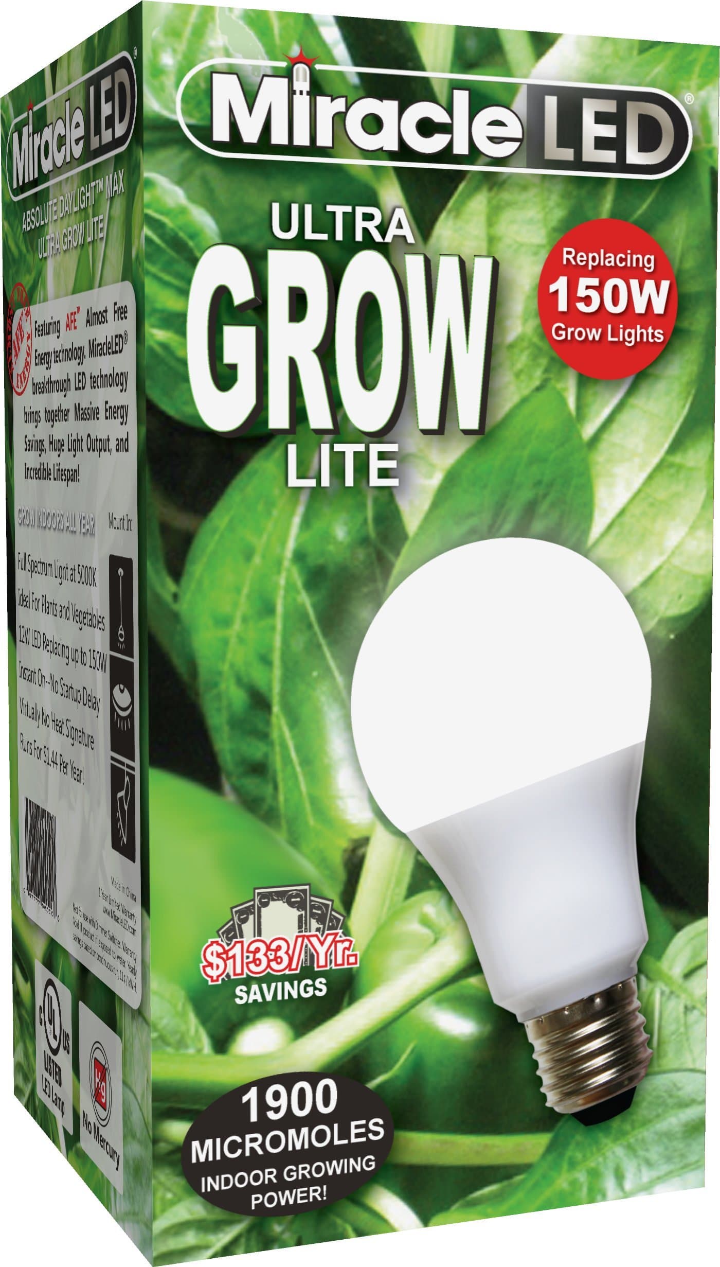 MiracleLED Commercial Hydroponic Ultra Grow Lite - Replaces up to 150W - Daylight White Full Spectrum LED Indoor Plant Growing Light Bulb for DIY Horticulture & Indoor Gardening (605188)