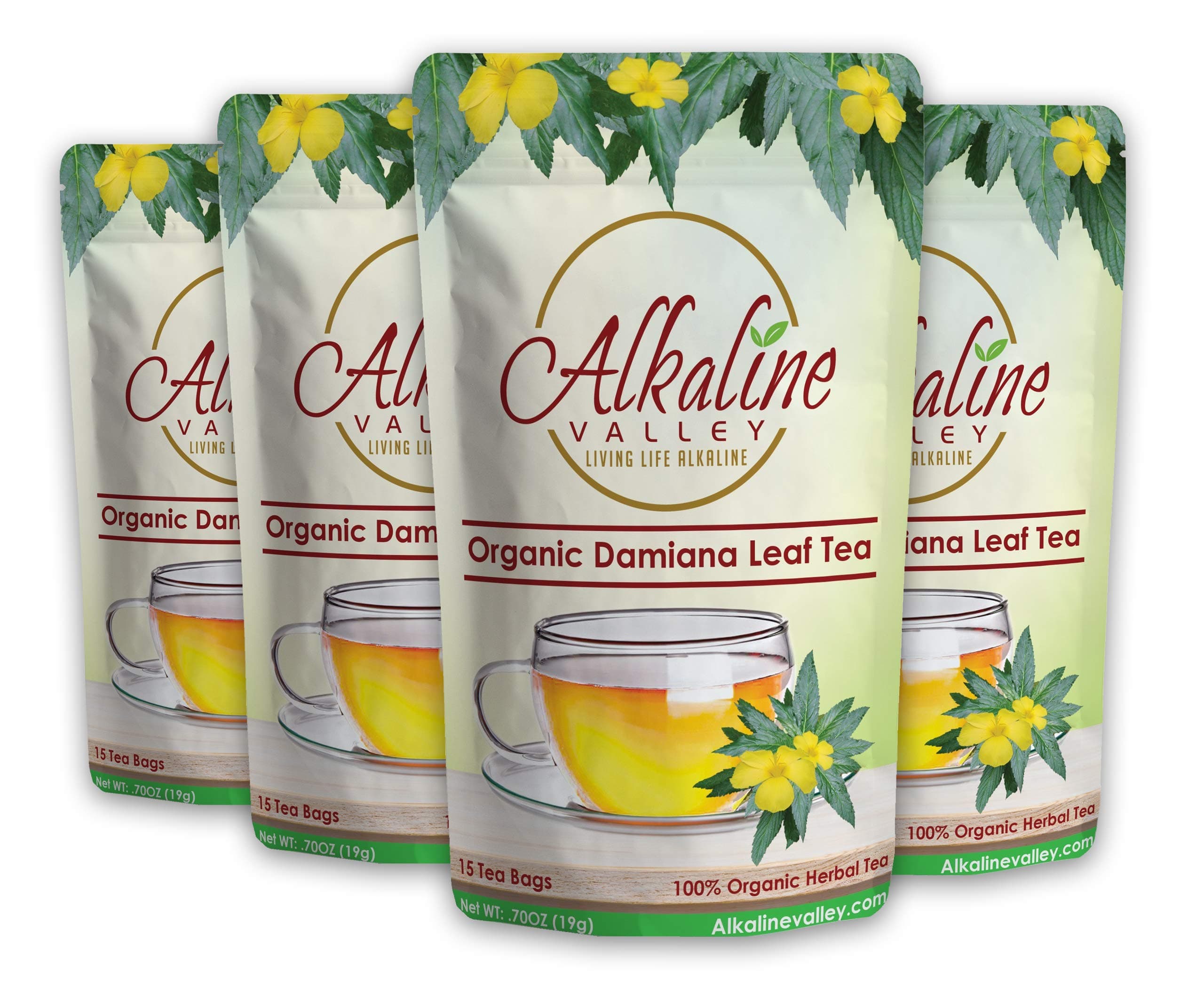 Organic Damiana Tea - Unbleached/Chemical-Free Damiana Tea Bags - (Pack of 4 = 60 Tea Bags) - Caffeine-Free, No GMO, 100% Alkaline