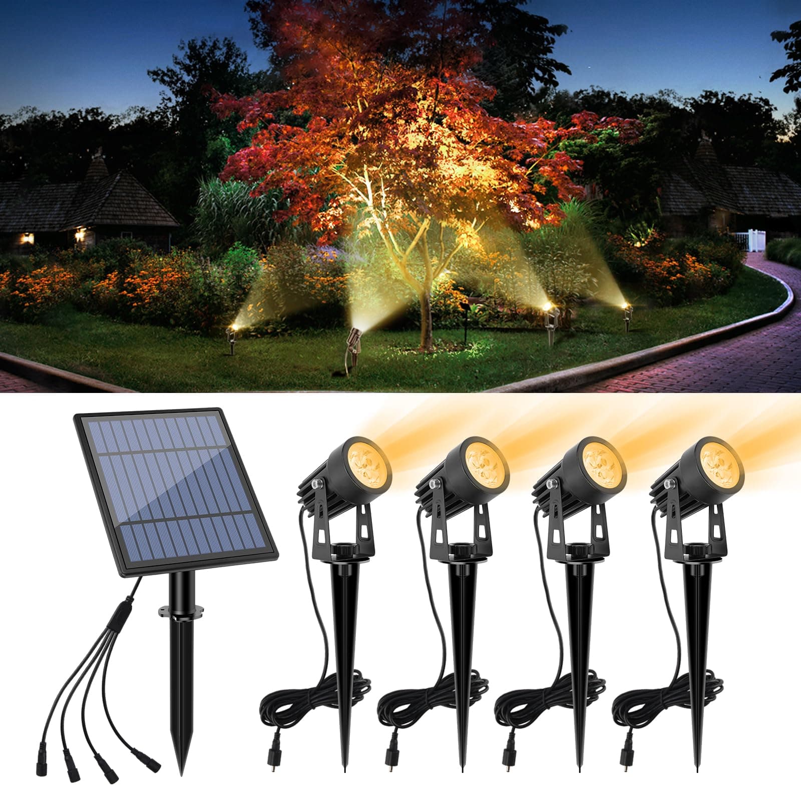 APONUO Metal Solar Spot Lights Outdoor with 9.8ft Cable Solar Powered Landscape Lighting Low Voltage IP65 Waterproof Auto On/Off for Outside Garden Yard Landscape Pathway Garage-Warm White(4-in-1)