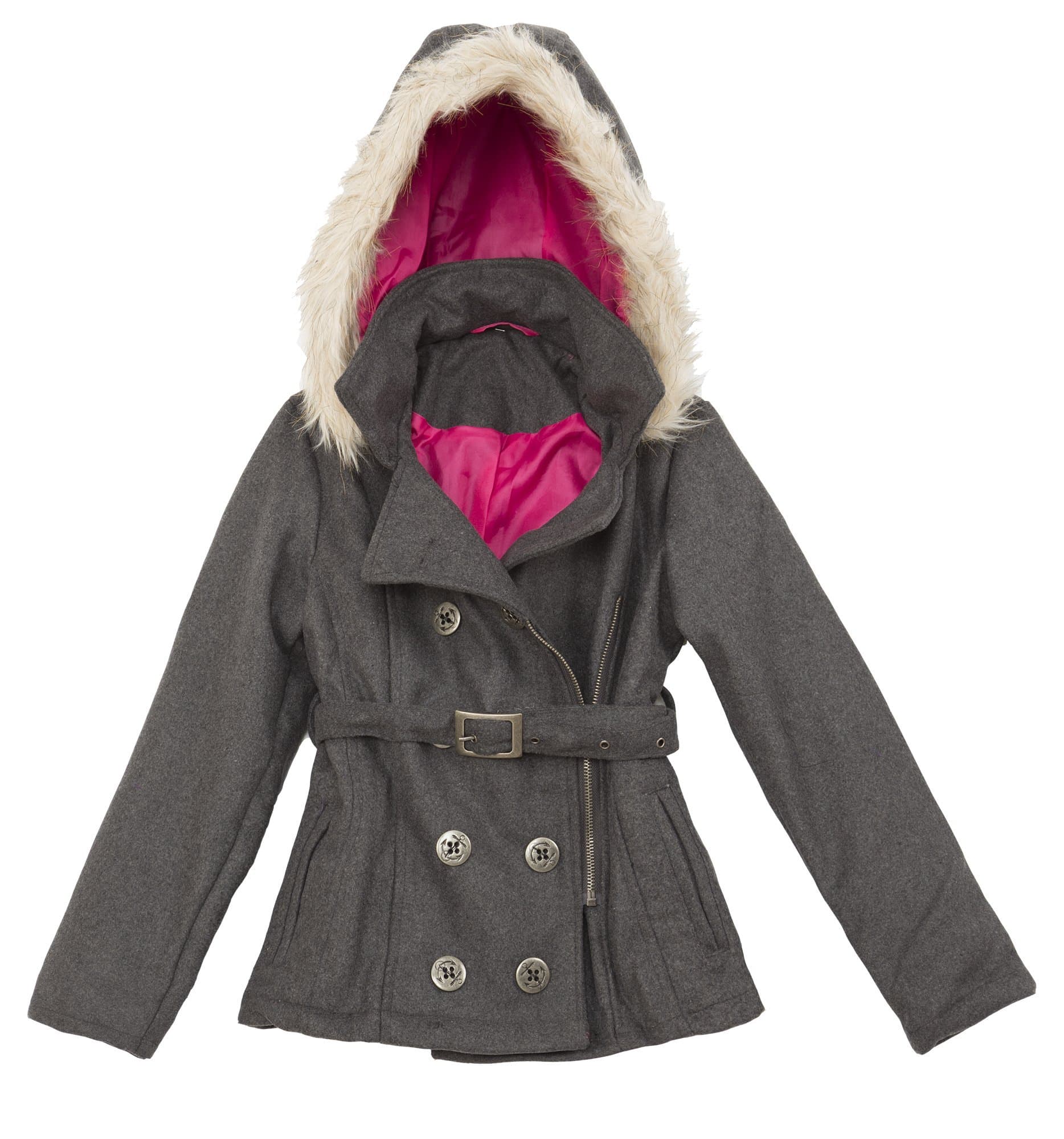 Girls Love Big Girls Wool Blend Coat with Faux Fur Trim Hood (7-16)
