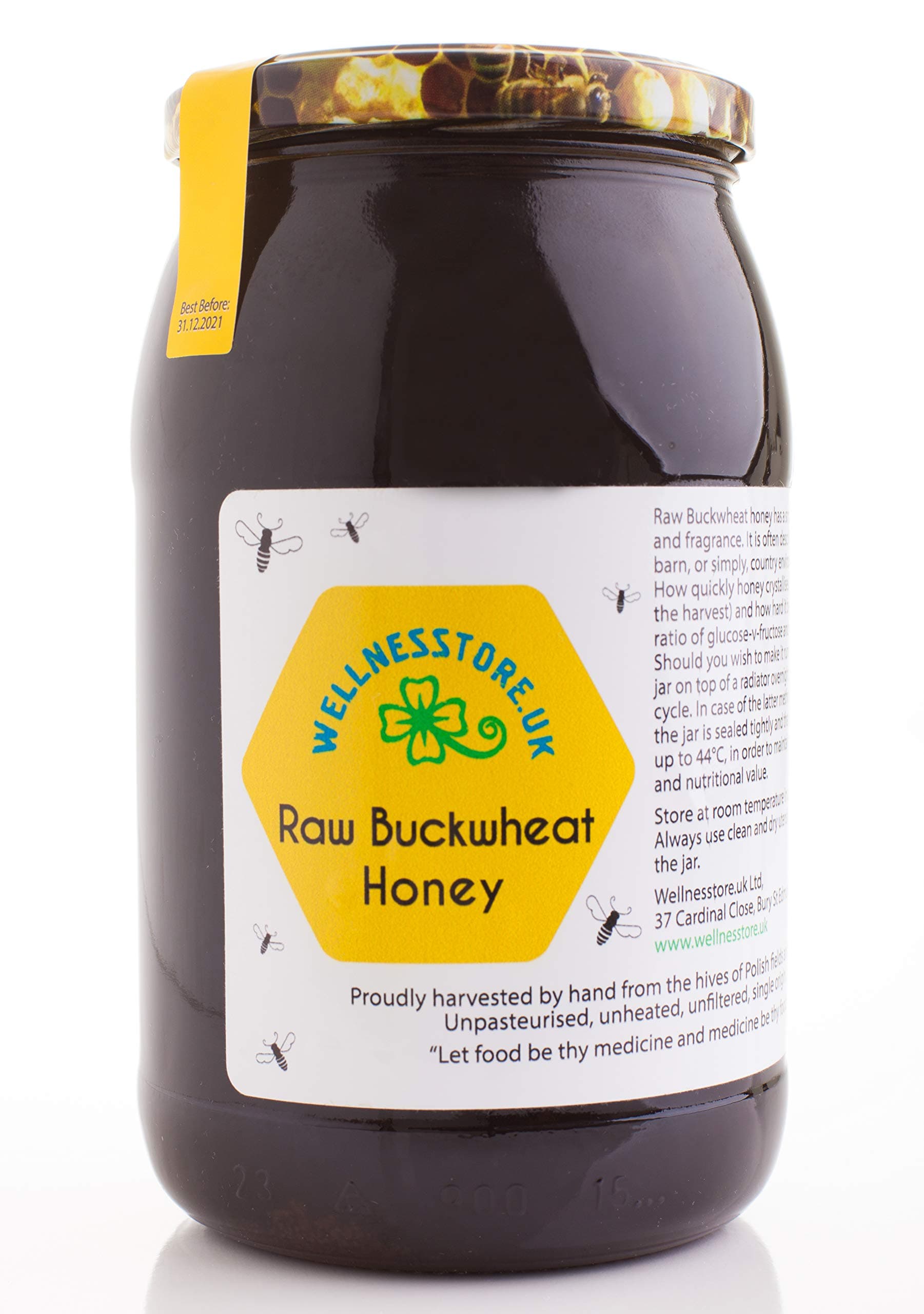ECO RAW BUCKWHEAT Honey 1.25kg Pure Natural Unpasteurised Dark Honey in a Glass Jar Unfiltered Unheated Unprocessed from Non-Sugar Fed Bees Wellnesstore.uk