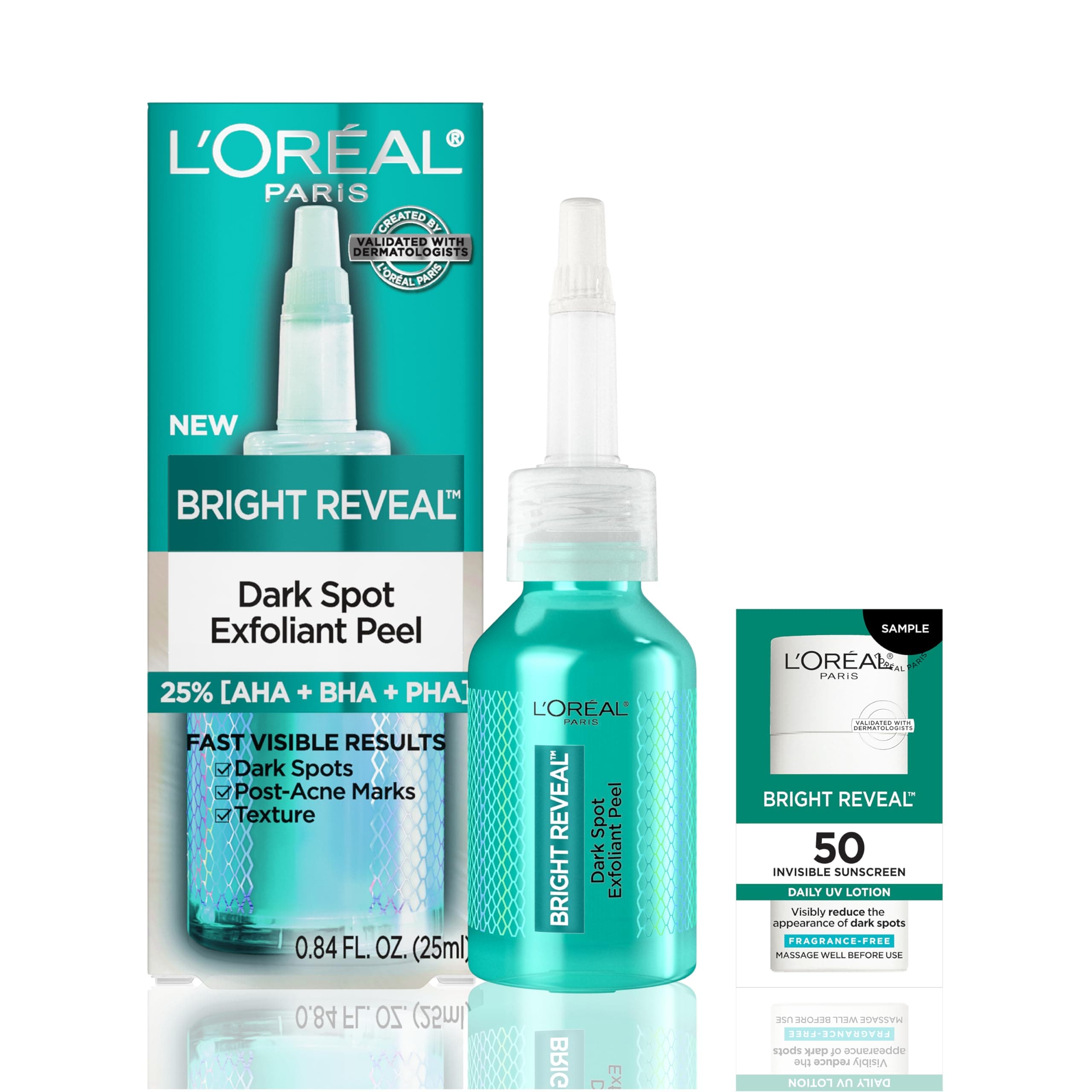 L’Oréal Paris L'Oreal Bright Reveal Dark Spot Exfoliant Peel, 25% AHA BHA PHA Face Exfoliator Solution, Gentle Skincare to Visibly Reduce Dark Spots and Renew Skin Texture, Includes SPF Lotion Sample