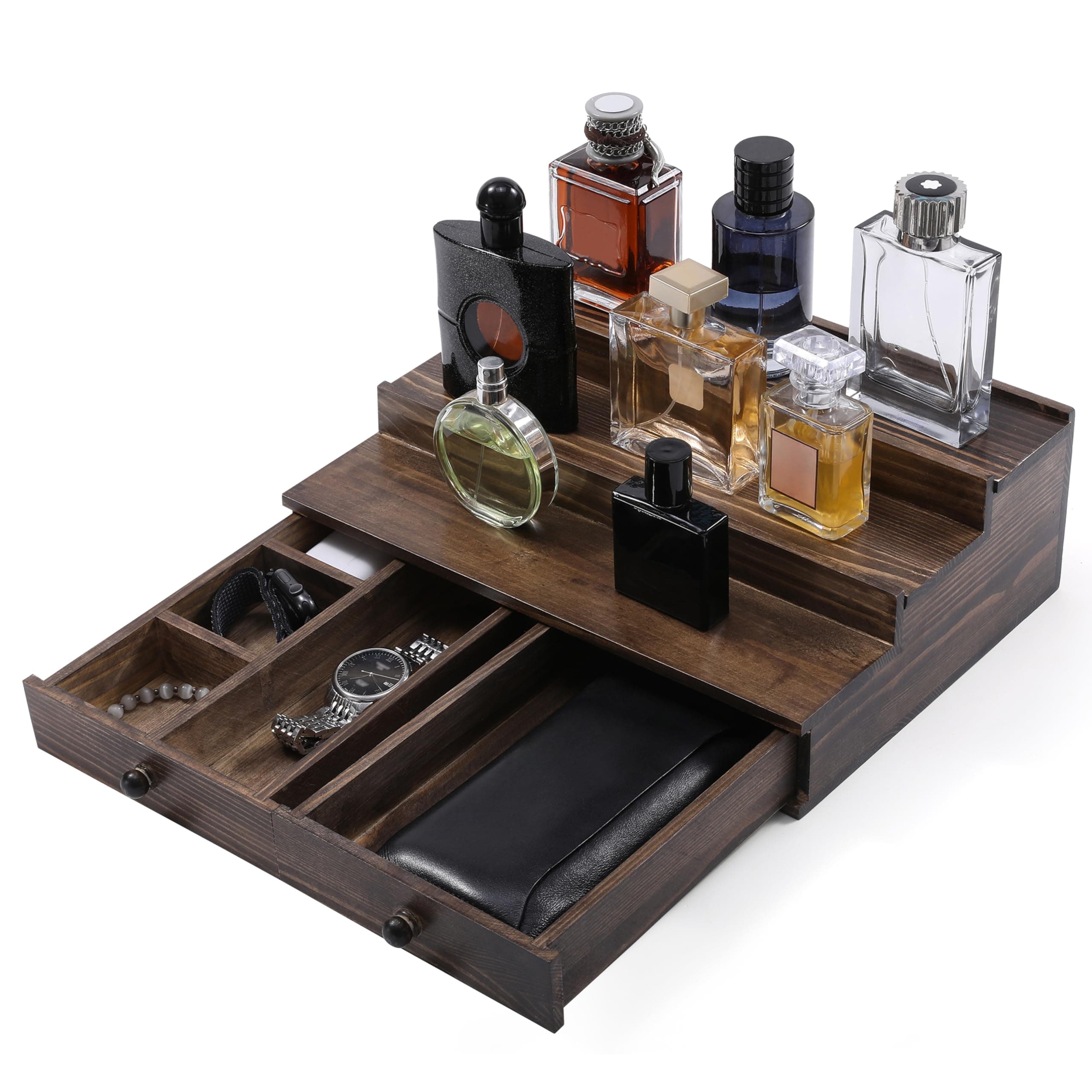 Cologne Organizer for Men, 3-Tier Cologne Stand with Drawer and Hidden Compartment, Wooden Cologne Shelf for Perfume Display Holder, Great Gifts for Men, Vintage