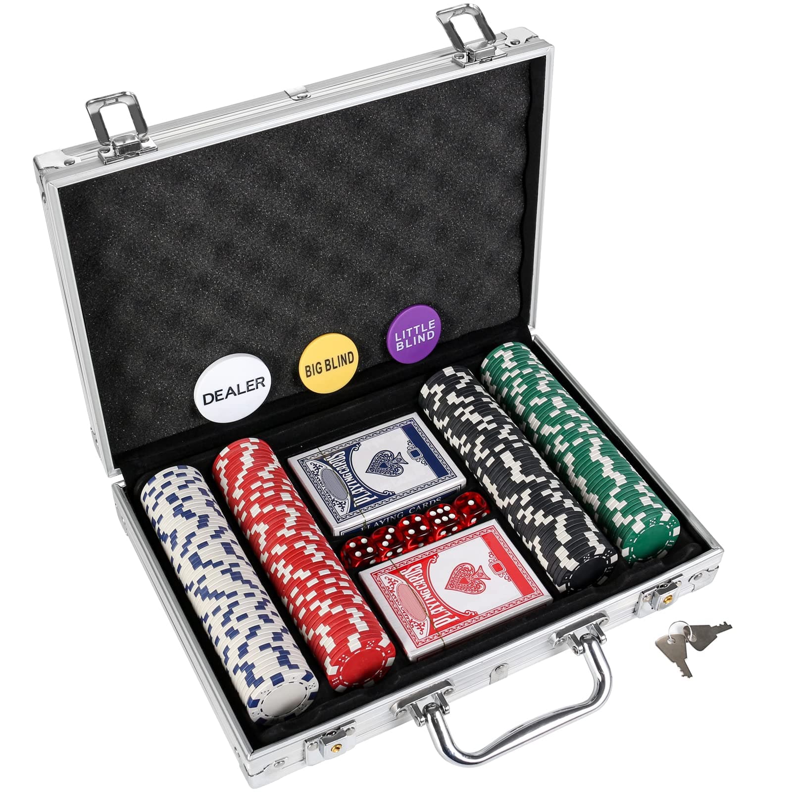 LUOBAO Poker Chip Set for Texas Hold'em Blackjack Tournament with Aluminum Case 2 Cards Dealer Small Blinds Big Blind Buttons 5 Dice 200 Chips (11.5g)