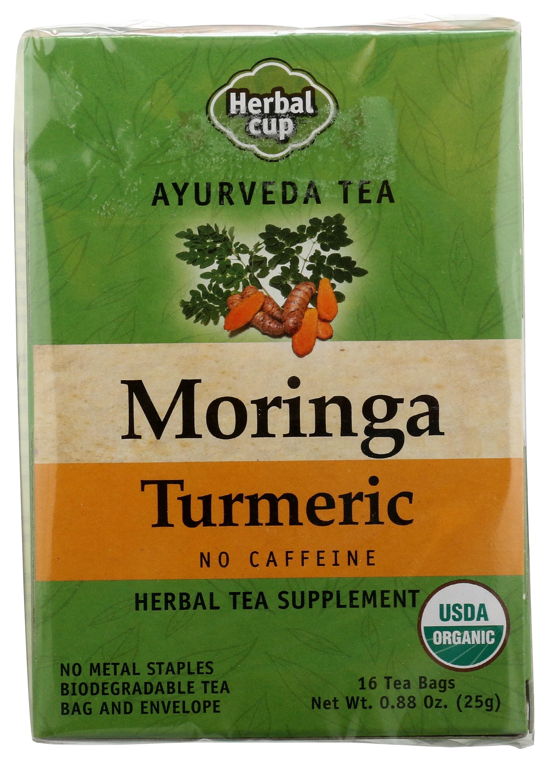 Ayurveda Moringa Tea, Organic Turmeric, No Caffeine Herbal Teas (16 Count, Pack of 1)