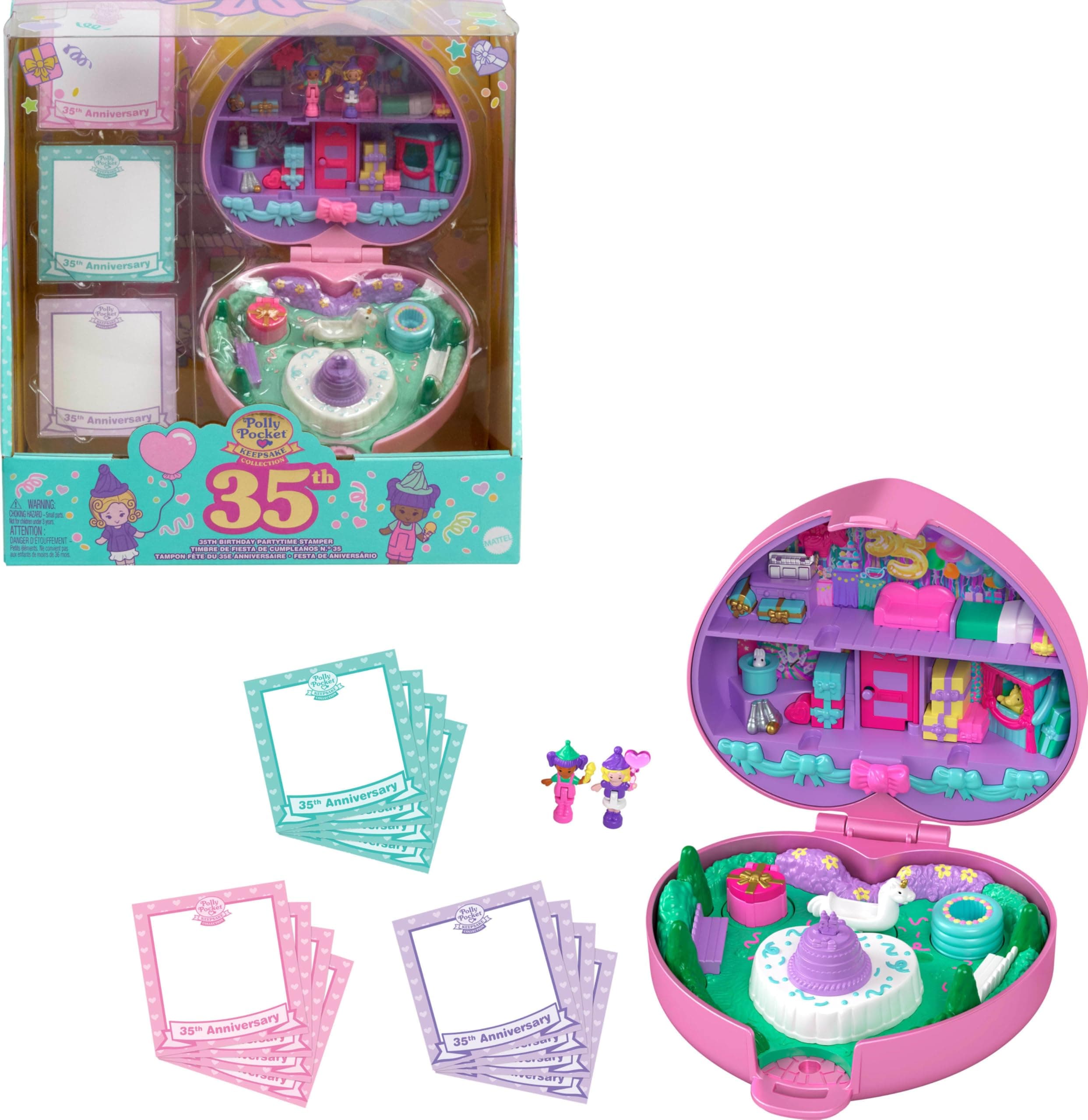 Dolls & Playset, Collector Heritage Compact, 35th Birthday Partytime Stamper with 2 Micro Dolls, 3 Party Stamps & 12 Stationary Cards