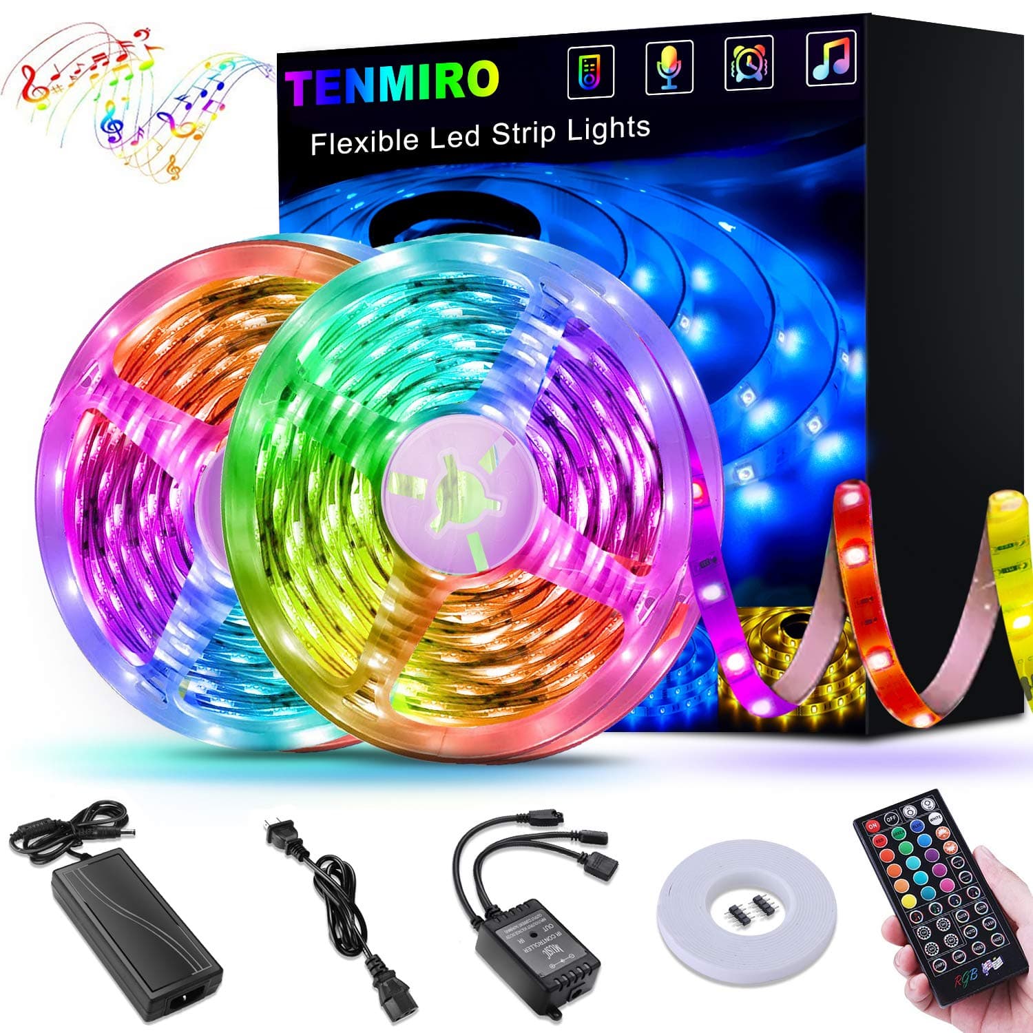 Tenmiro Led Strip Lights, 32ft Sync to Music Color Changing Strips,40key IR Remote Controller, DC12V5A 300 Unit SMD 5050 LED,Non-Waterproof,Decoration for Living Room Bedroom Bar,Party Lighting