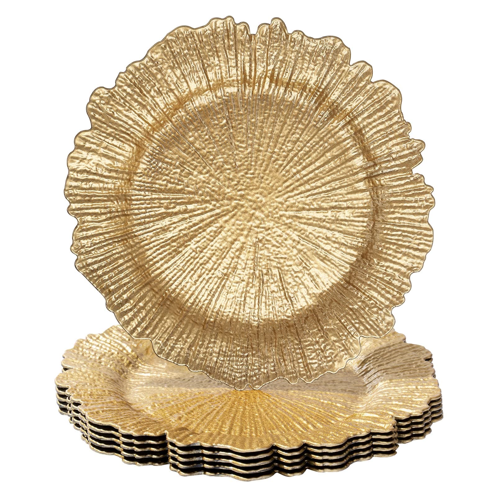 Round 13" Gold Charger Plates, Set of 6, Reef Plate Chargers for Dinner Plates, Plastic Table Chargers for Wedding, Thanksgiving, Christmas