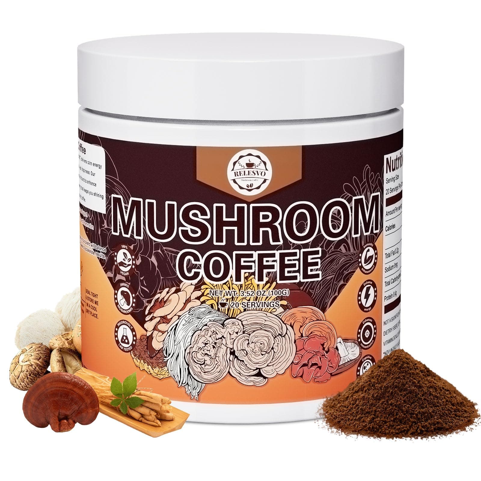 Mushroom Coffee, Instant Mushroom Coffee Mushroom Powder Blend (20 Servings) with Cordyceps, Reishi, Lion's Mane, Shiitake, King Trumpet, Mushroom Supplement for Energy, Focus, Immune Support