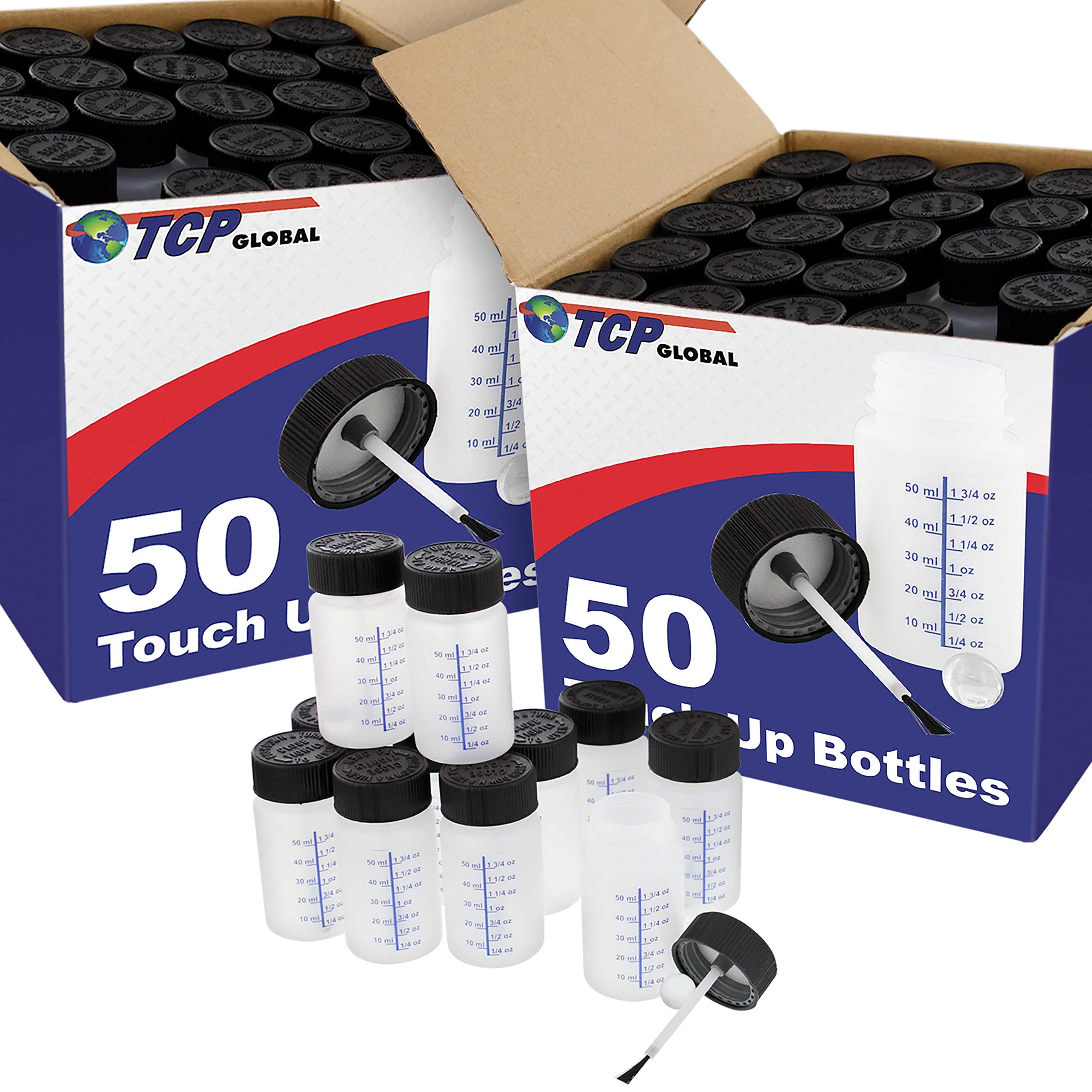 TCP Global Paint Touch Up Bottles (Box of 100) - with Child Safety Lids - 60 ml Liquid Capacity (2 Ounce) with Touch-Up Brush in Cap