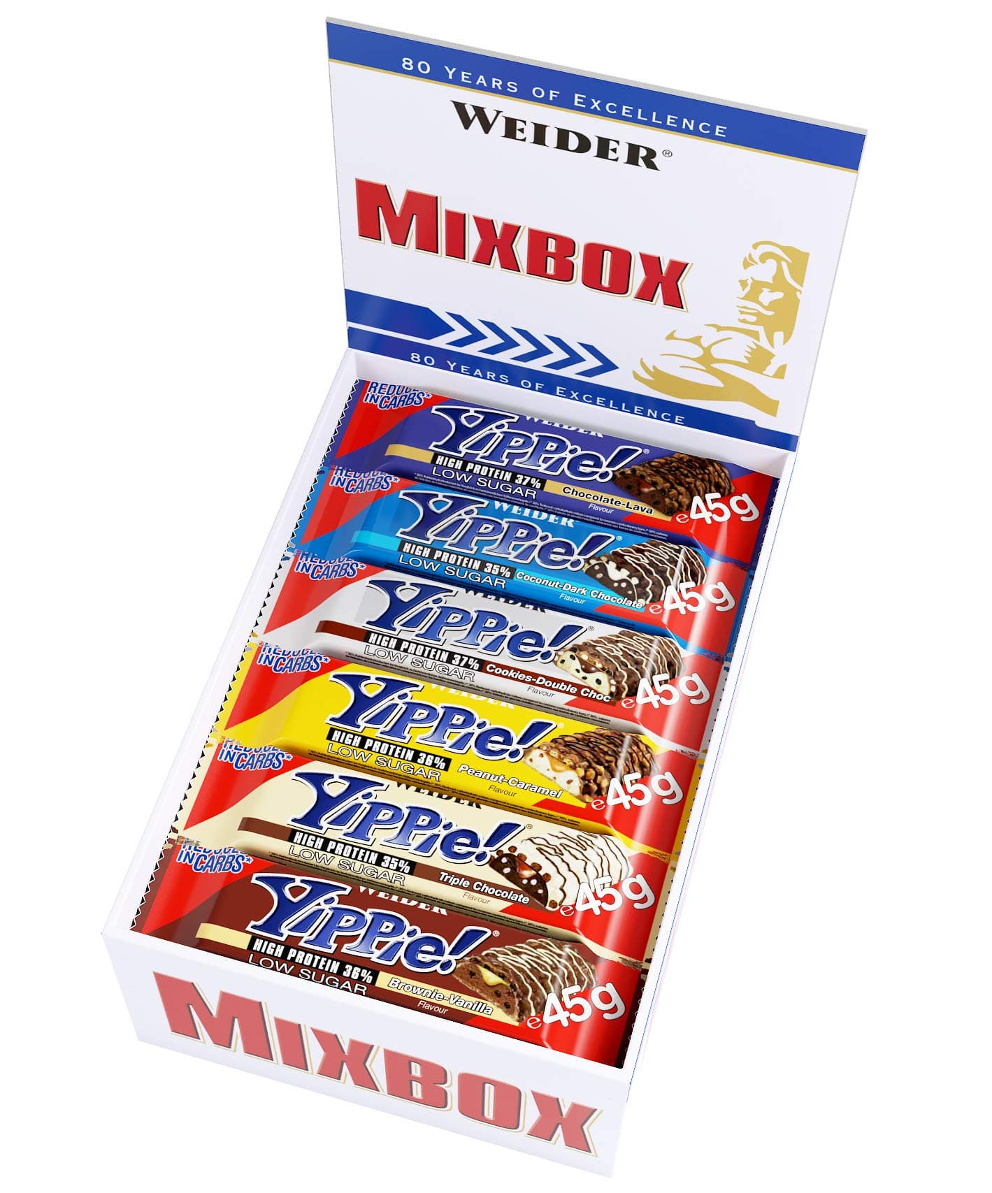 Weider Yippie! Protein Bar, Mix Box, 6 Delicious Flavors Europe's Favorite Protein Bar, Great Taste, Perfect Snack, 12 Pack, 45g
