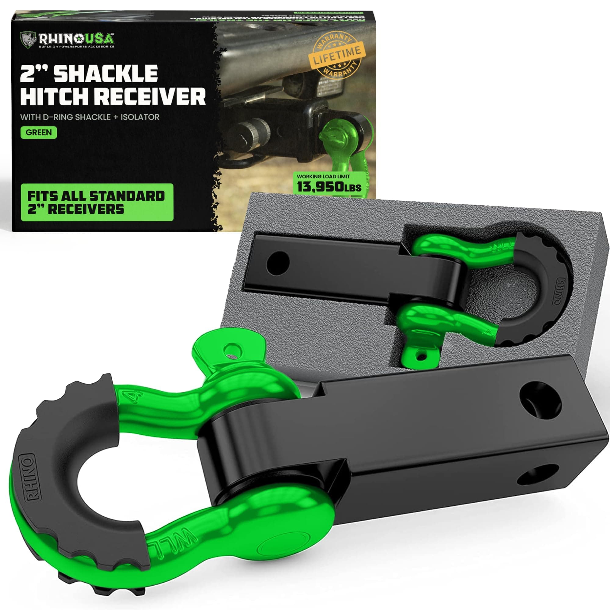 Rhino USA Shackle Hitch Receiver (Fits 2" Receivers) Best Towing Accessories for Trucks, Jeep, Toyota & More - Connect Your Rhino Tow Strap for Vehicle Recovery, Mounts to 2" Receiver Hitches (Green)