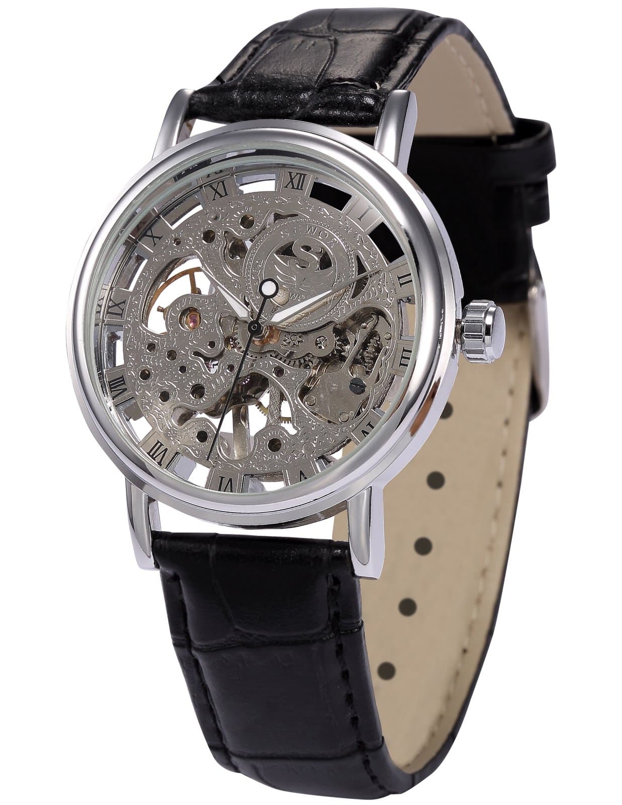 EASTPOLE Mens Mechanical Skeleton Watch Hand Wind Up Silver Dial Black Leather Strap + EASTPOLE Gift Box PMW357