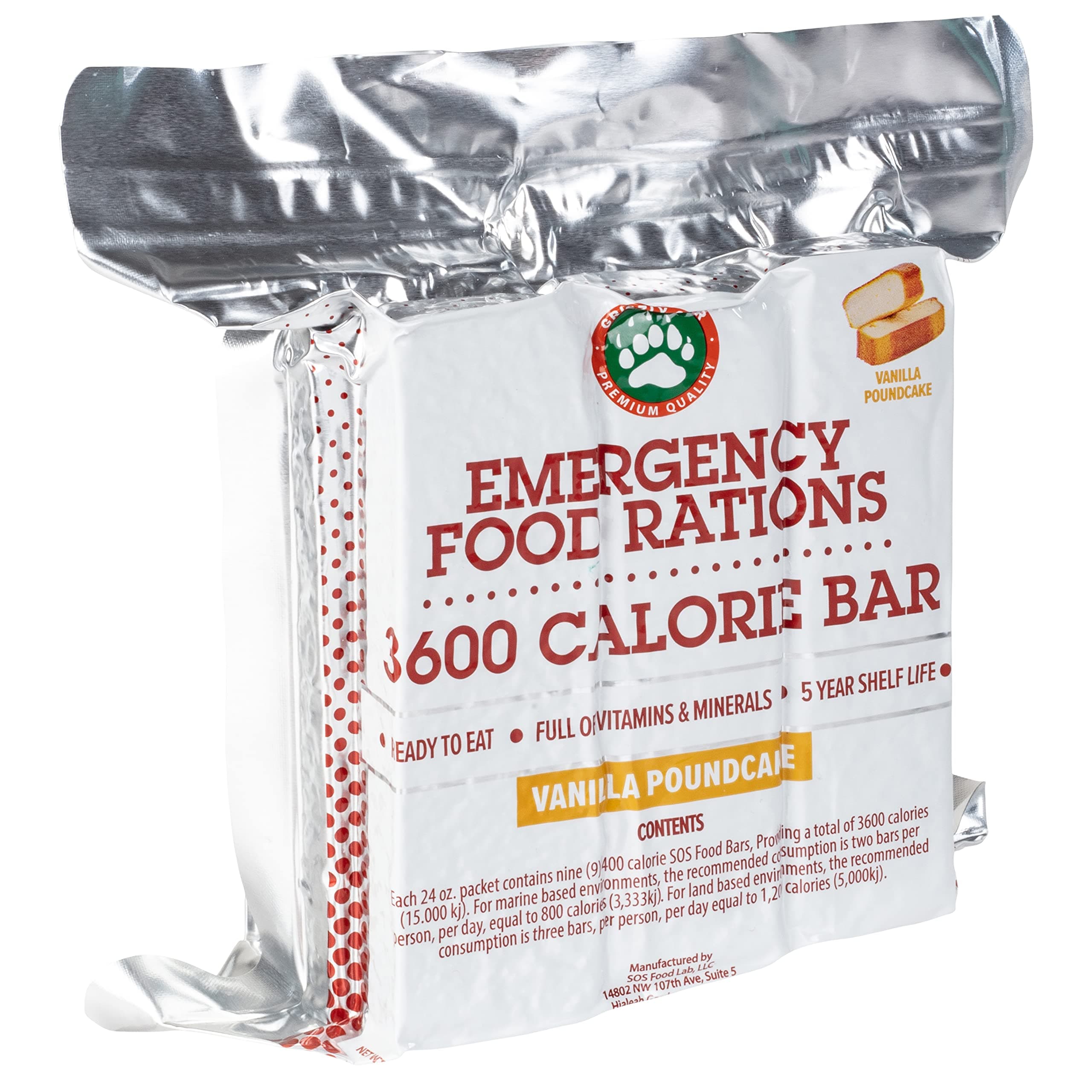 Emergency Food Rations- 3600 Calorie Vanilla Poundcake Bar (5 Pack) - 15 Day, 360 Hour Value Supply For Disaster, Hurricane - Less Sugar, More Nutrients - 5 Year Shelf Life