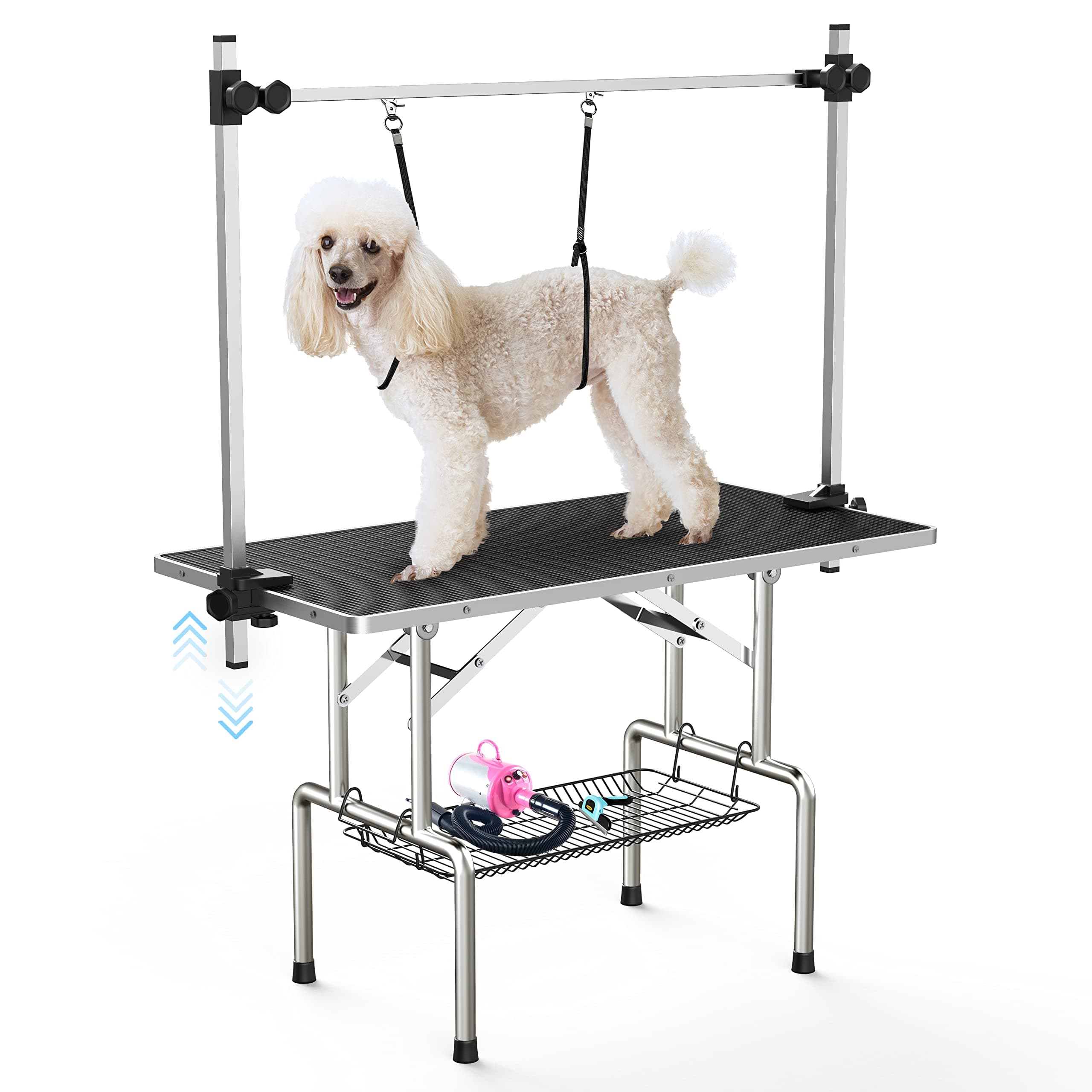 Lyromix 36''Large Dog Grooming Table, Adjustable Cat Drying Desktop with Arms, Nooses, Mesh Tray, Foldable Pet Station at Home, Maximum Capacity Up to 330Lb, 36inch, Black