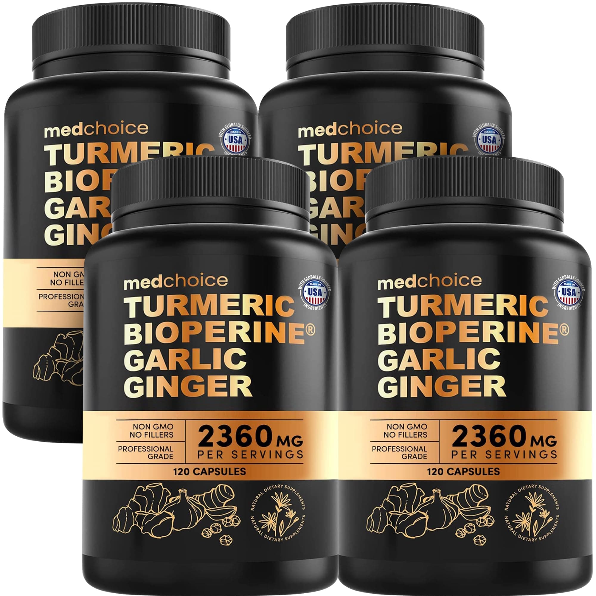 4-in-1 Turmeric Joint Support Supplements with Garlic and BioPerine - 2360 mg High Potency Herbal Blend for Mobility, Everyday Flexibility, Digestive Comfort, Active Aging Support (120ct, Pack of 4)