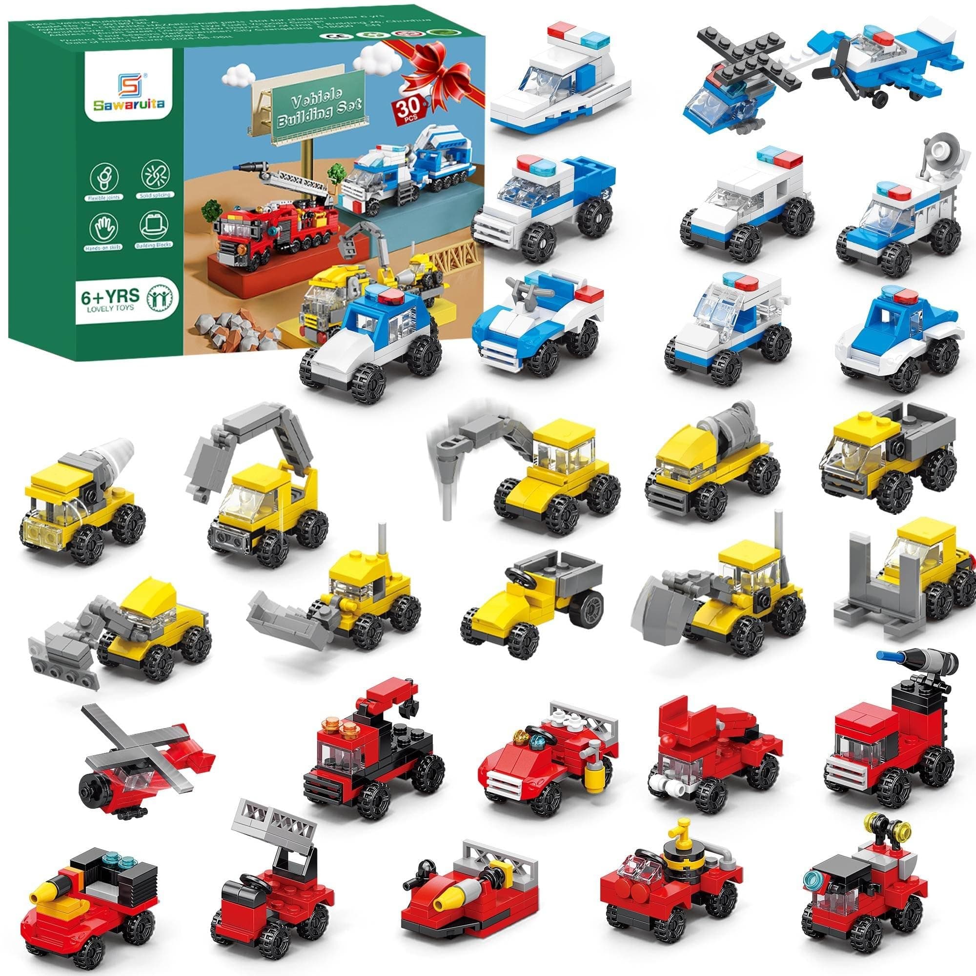 30Pack Mini Cars Easter Building Blocks Party Favors for Kids-Bulk Fire Truck,City Police Car,Construction Vehicle for Birthday Goodies Bag Filling,Classroom Prizes for Boys 6-12