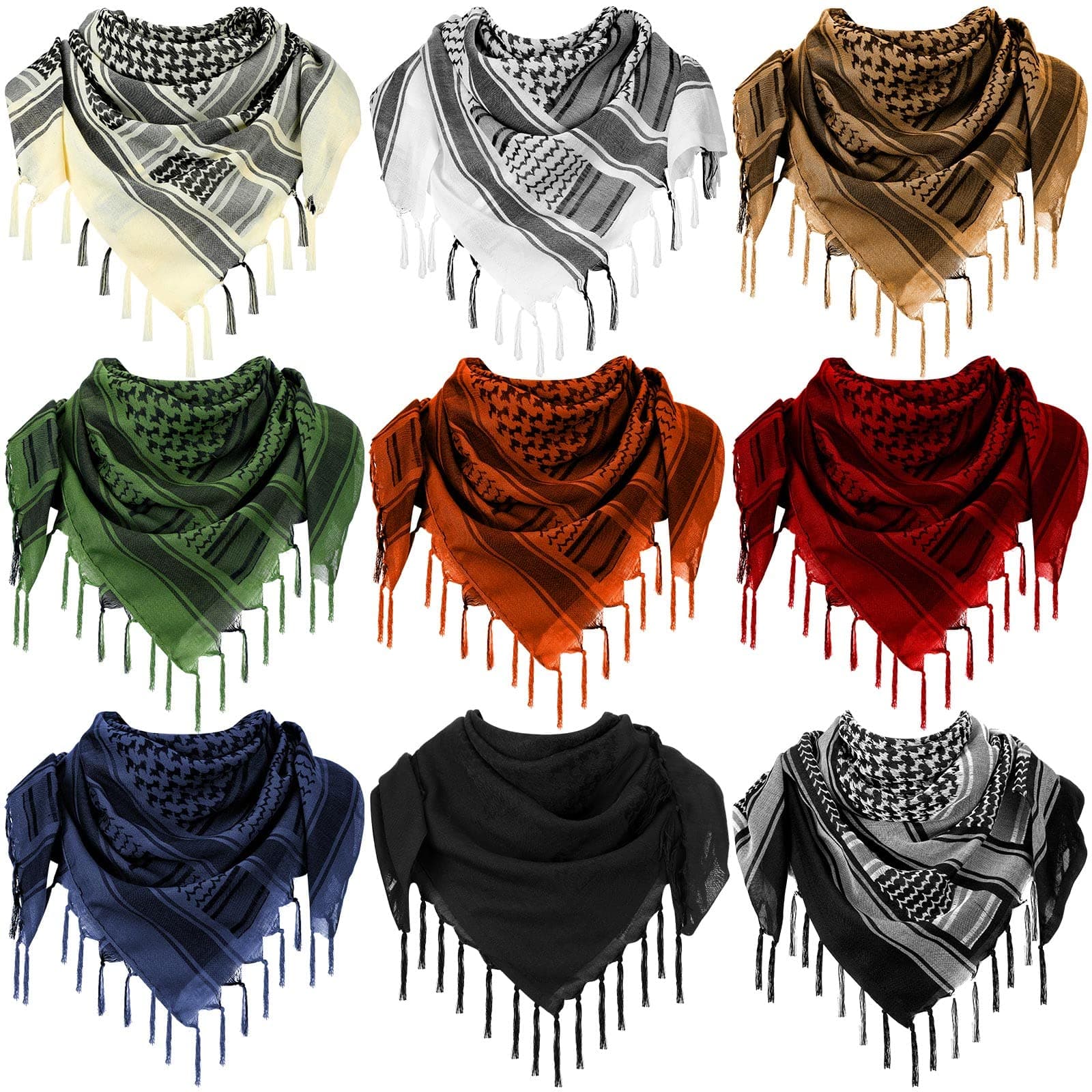 9 Pcs Shemagh Scarf Men Military Shemagh with Tassel Arab Cotton Tactical Scarf Head Neck Wrap Shawl for Women (Classic Colors)