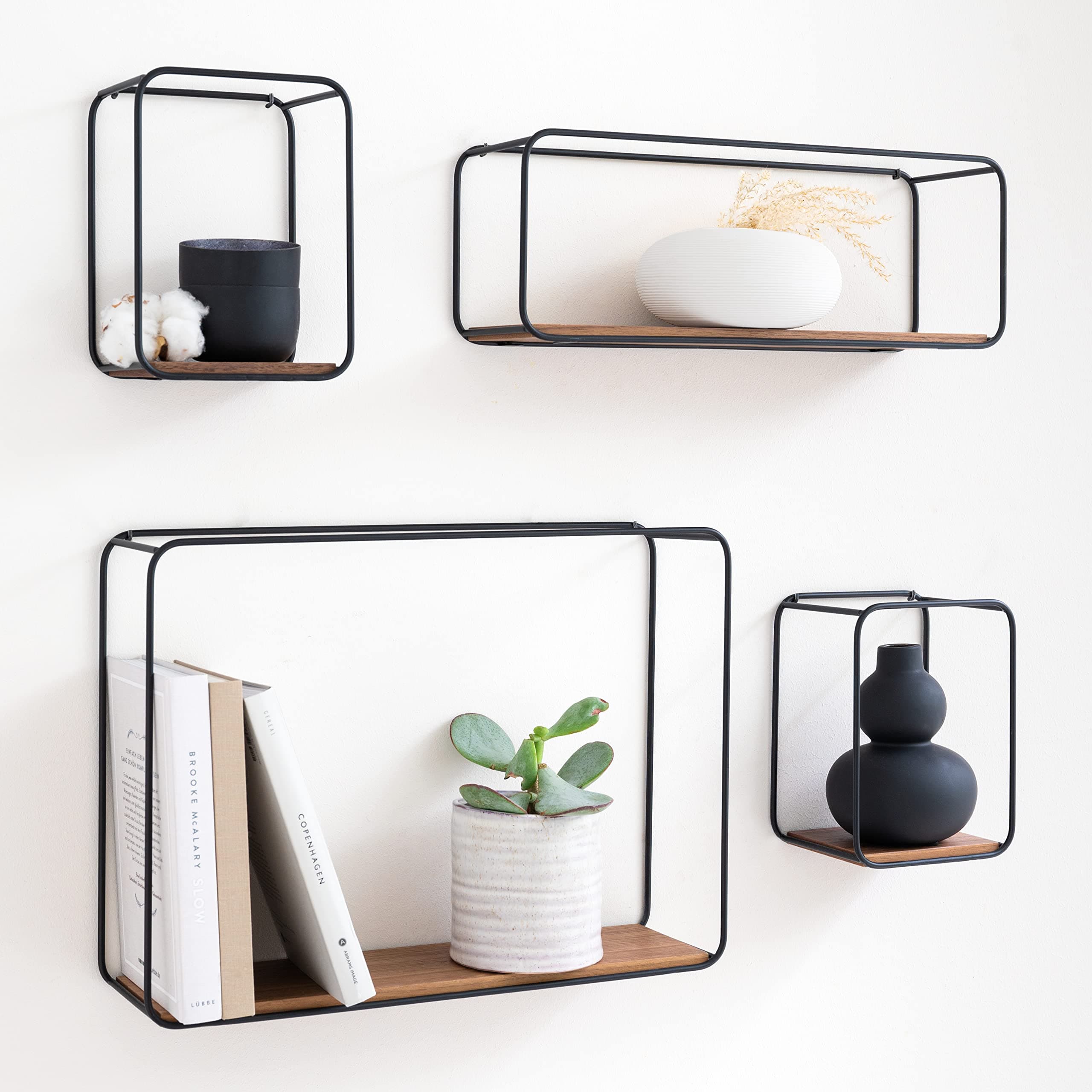 Kazai. Wall Shelves -Jona- | 4-Part Shelving Unit made of Metal and Real Wood Veneer | Wall Decor, Storage and Book Shelf for Bathroom, Living Room, Kitchen, Bedroom and More | Walnut