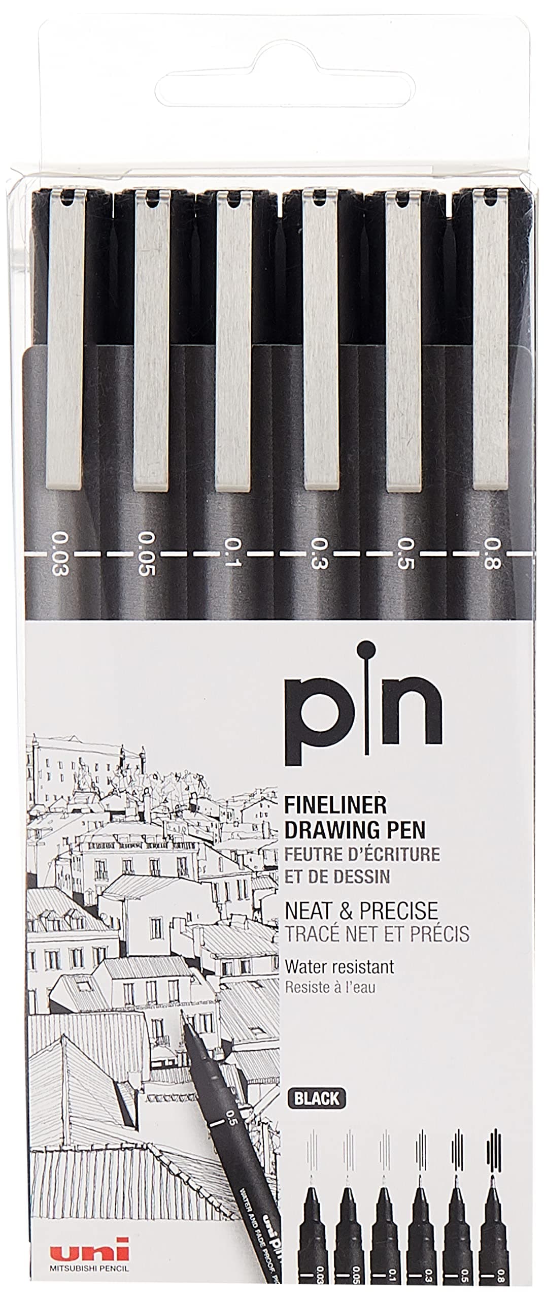 Uni Pin Fineliner Drawing Pen Sketch Set, Black Ink, 0.03-0.8mm, Set of 6