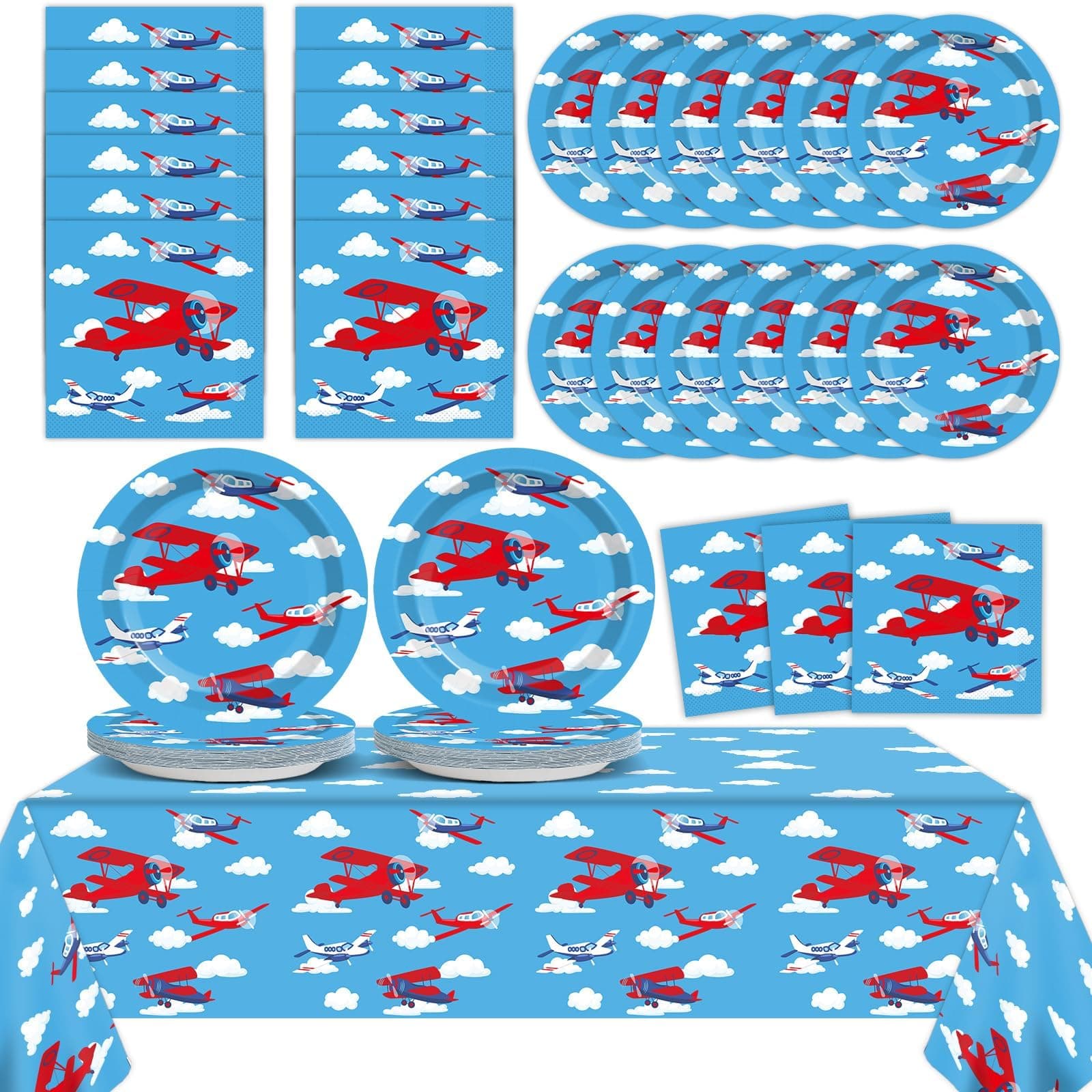Airplane Birthday Party Supplies Serves 24 Plane Party Paper Plates Napkins Set Airplane Tablecloth Tableware Kit for Baby Shower Decorations Kids Boys Girls