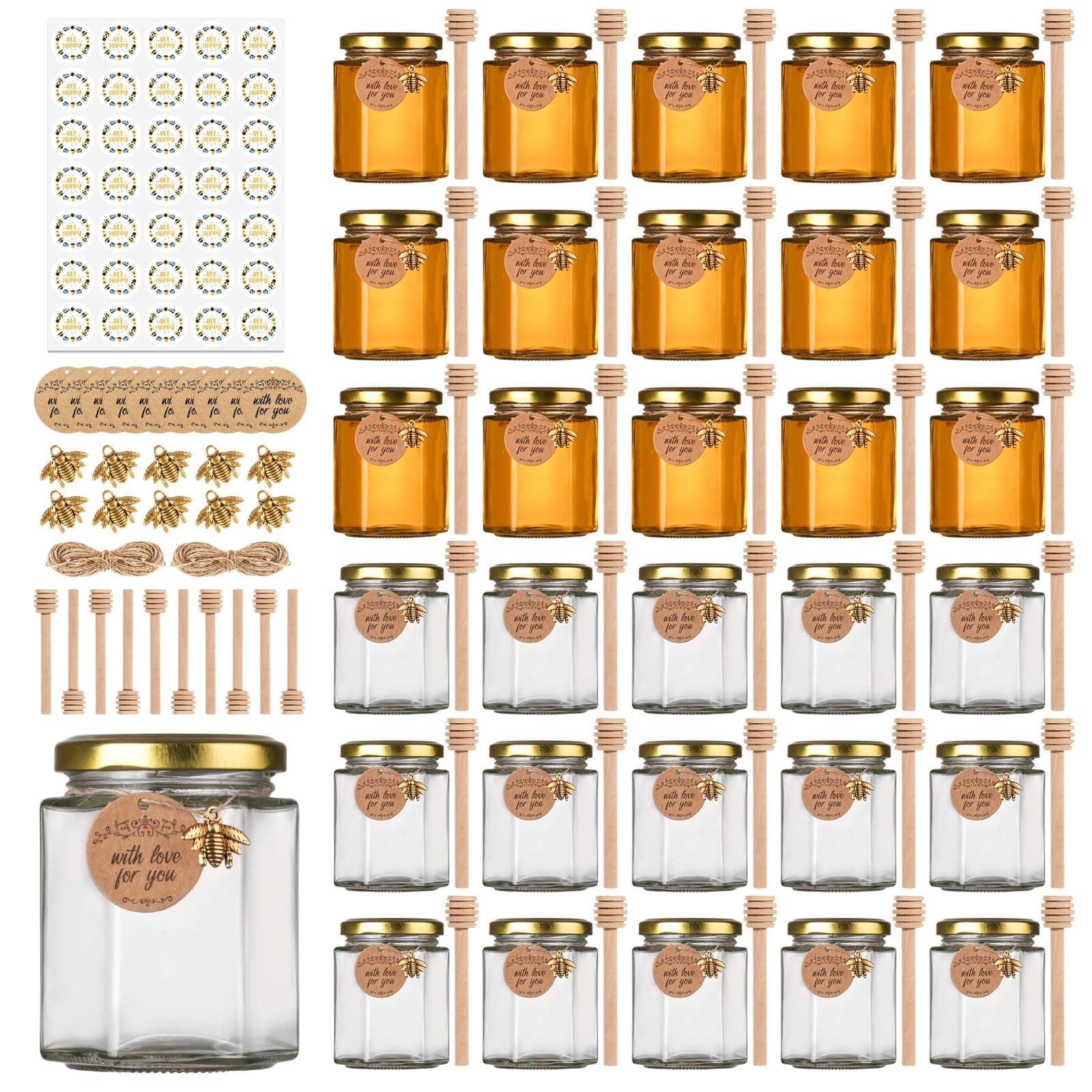 6 oz Honey Jars with Dipper, 30 Pack Hexagon Honey Jar for Baby Shower, Empty Glass Jars for Wedding Favors and Party Favors