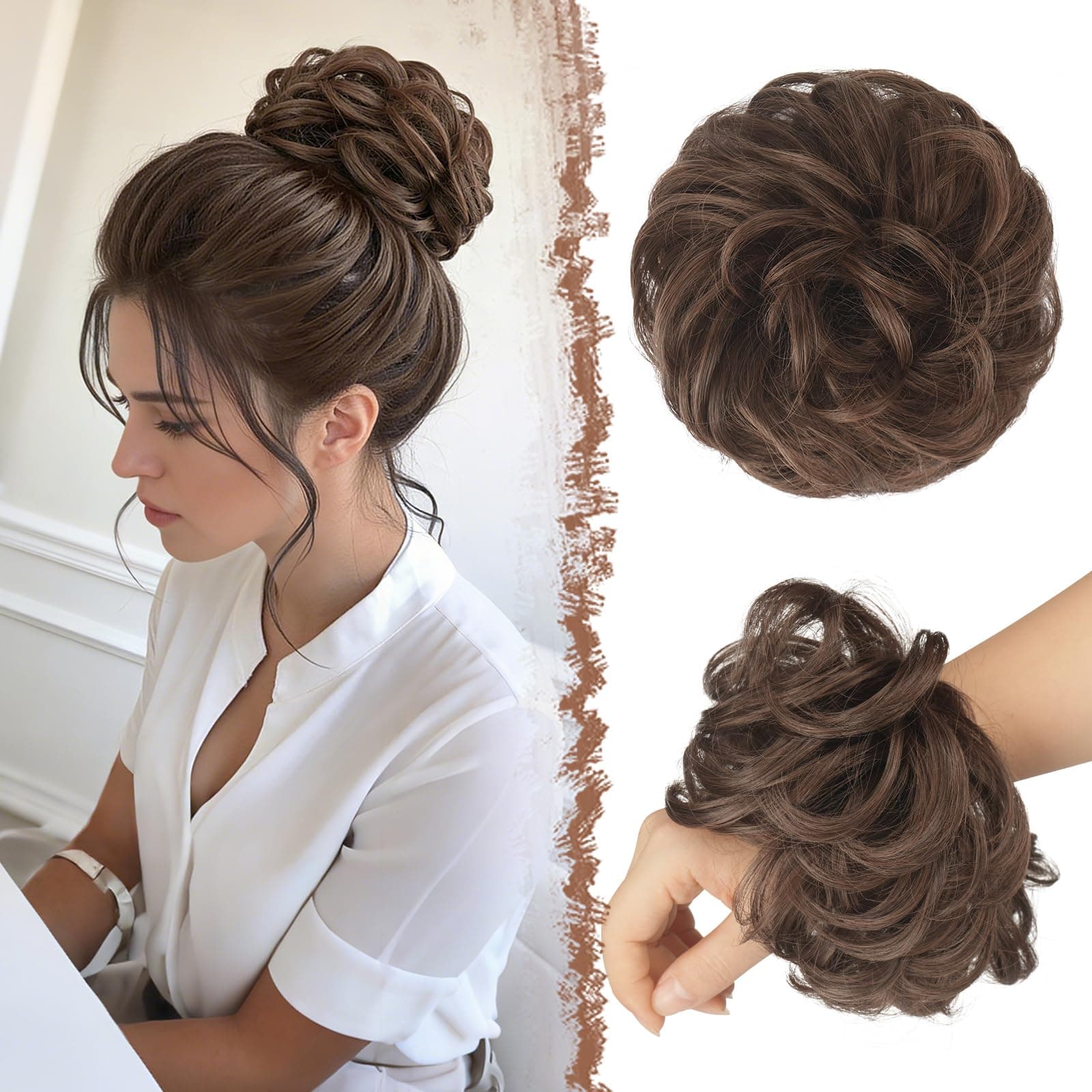 FESHFEN Messy Bun Hair Piece Brown and Light Auburn Mixed Wavy Curly Large Hair Bun Scrunchies Extensions Synthetic Tousled Updo Hairpieces for Women Girls