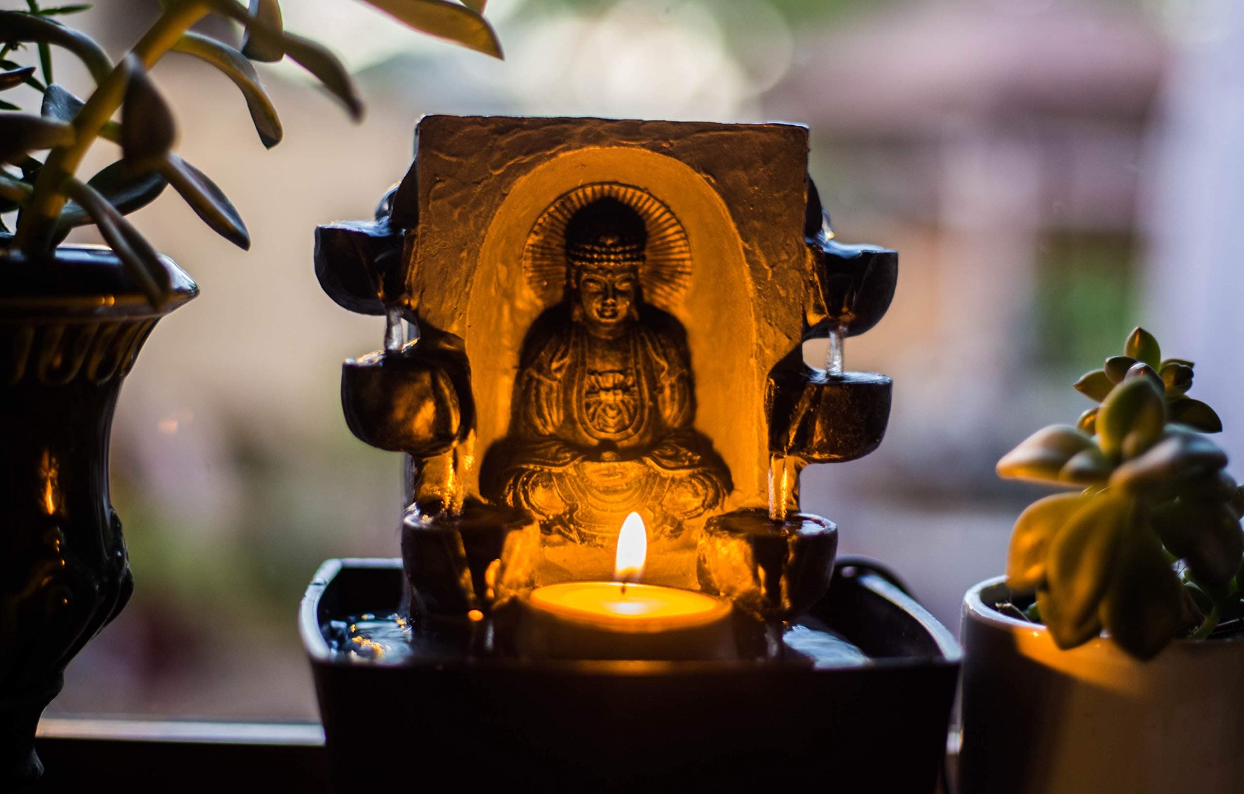 Zen Falls Tabletop Meditating Buddha Candle Multi Tier Waterfall Fountain | 1 Candle & Water Pump Included