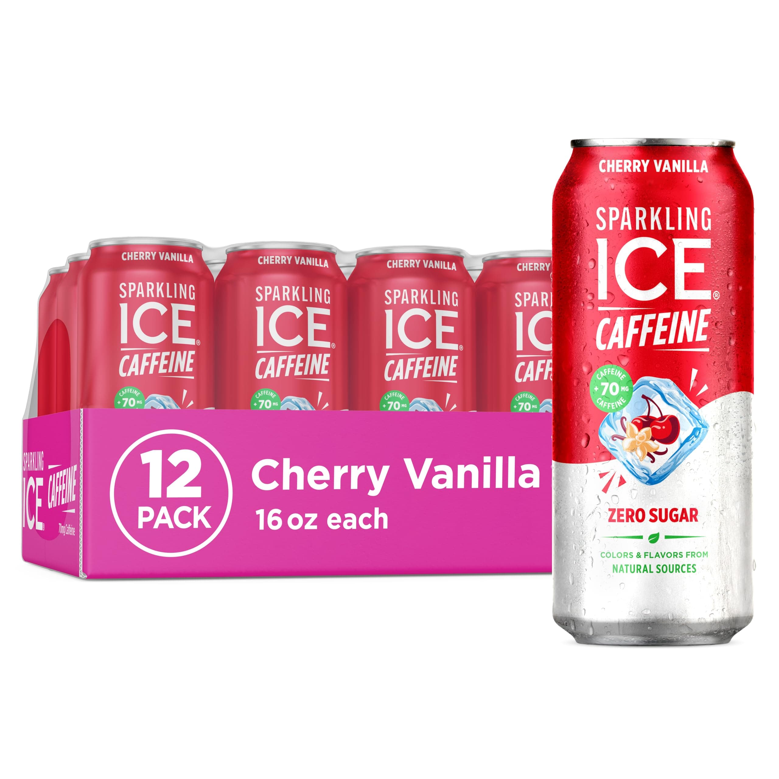 Caffeine Cherry Vanilla Sparkling Water with Caffeine, Zero Sugar, with Antioxidants and Vitamins,16 fl oz Cans (Pack Of 12)