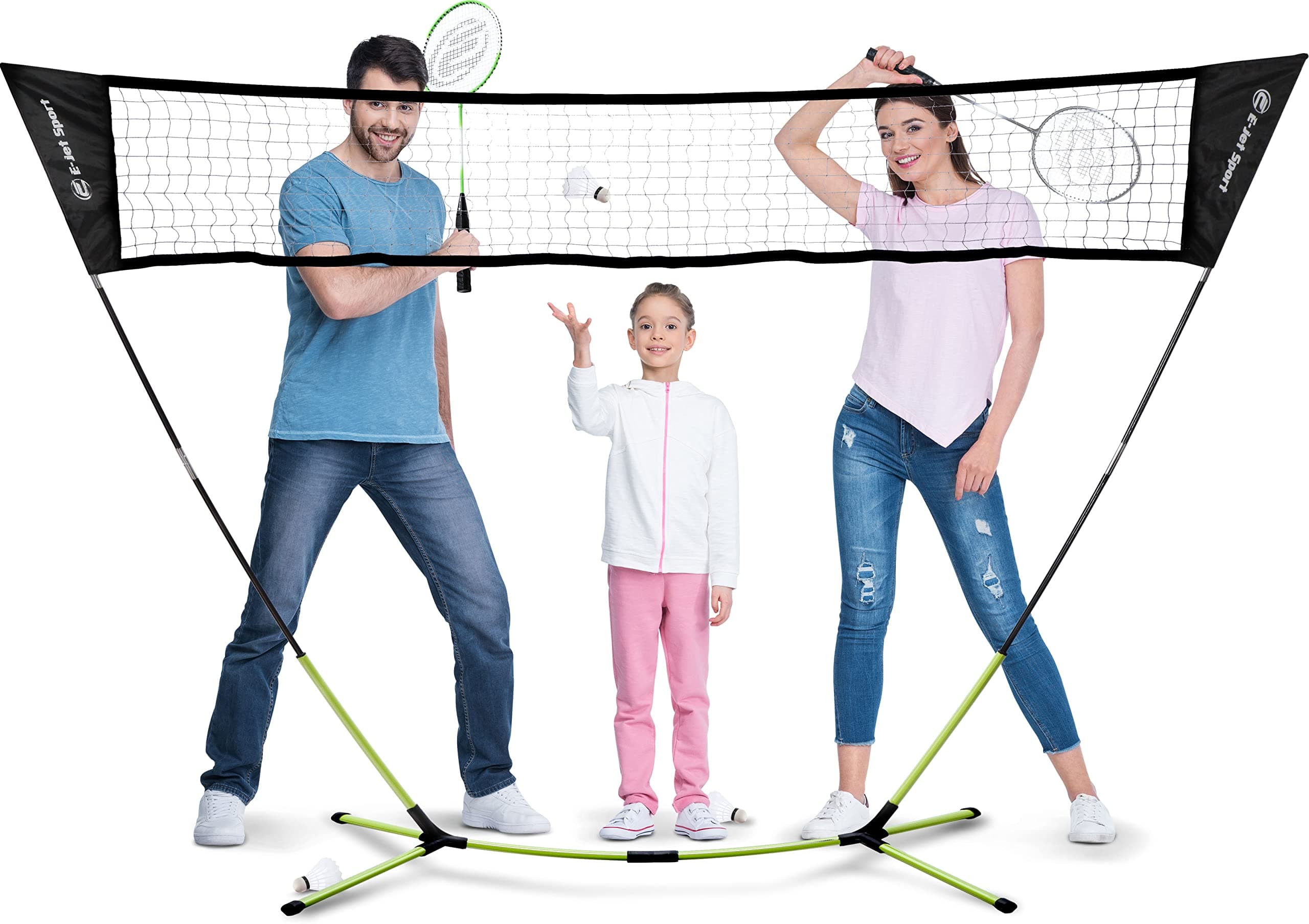 E-Jet Badminton Net Rackets Shuttlecocks Combo Set - Portable & Instant Setup (Backyard Fun, Beach Park Picnic Outdoor Games), Green, 5.1 x 7.8Ft (EOB727402021)